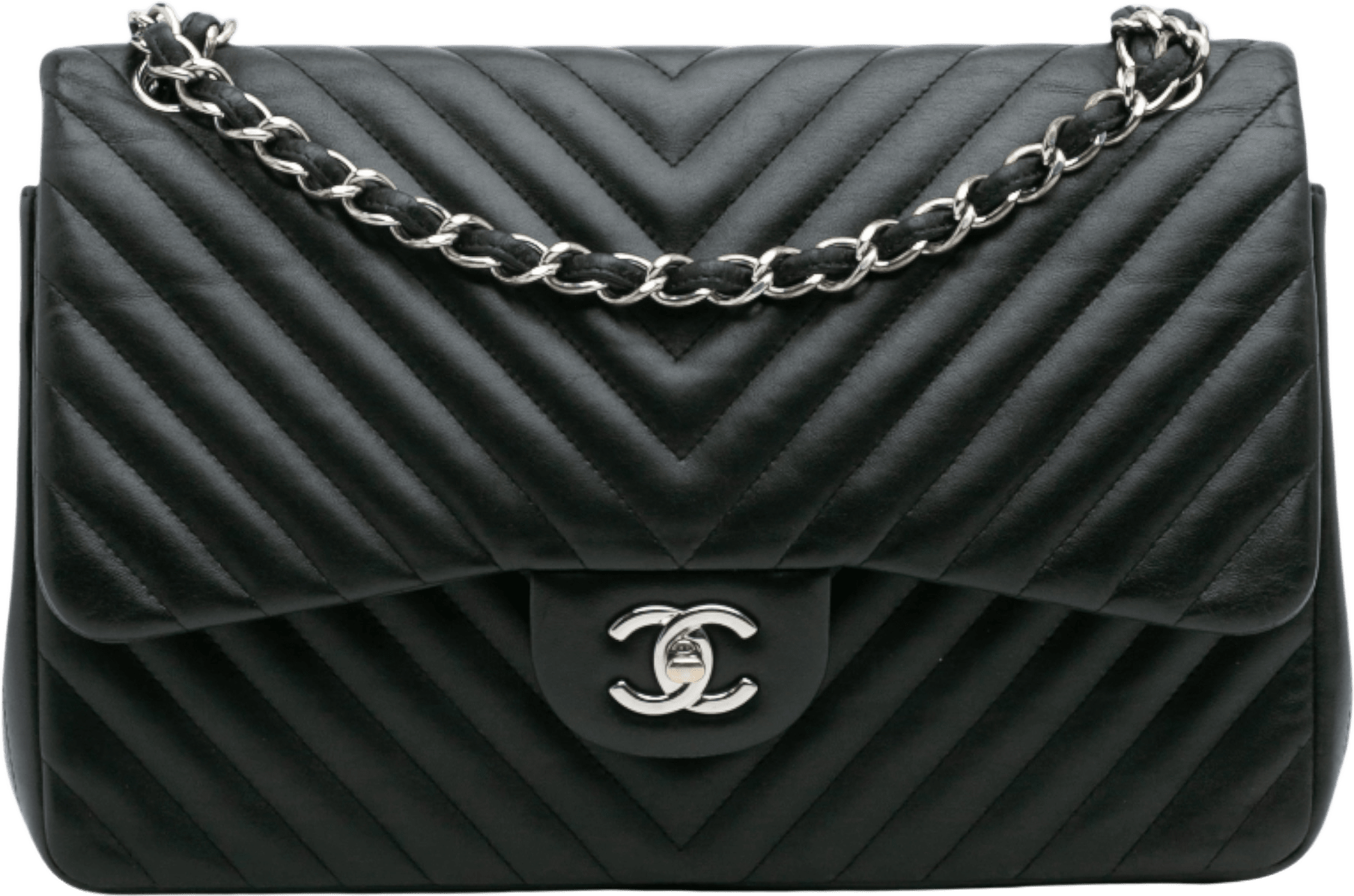 Chanel Jumbo Classic Chevron Lambskin Double Flap, från Luxclusif, i färgen black.