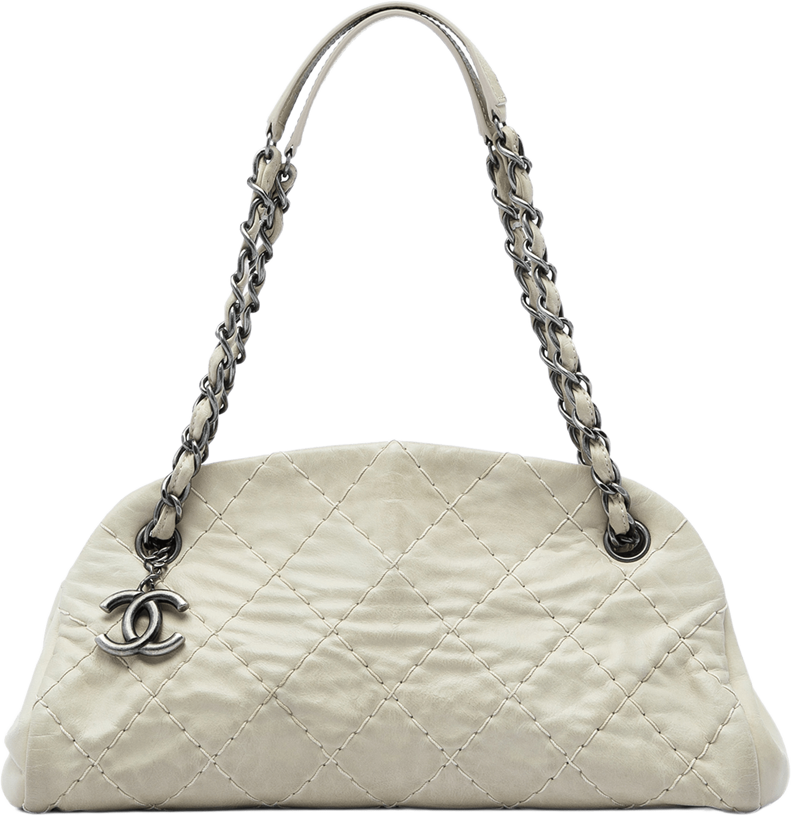 Chanel Medium Stitched Aged Calfskin Just Mademoiselle Bowling Bag, från Luxclusif, i färgen vit.