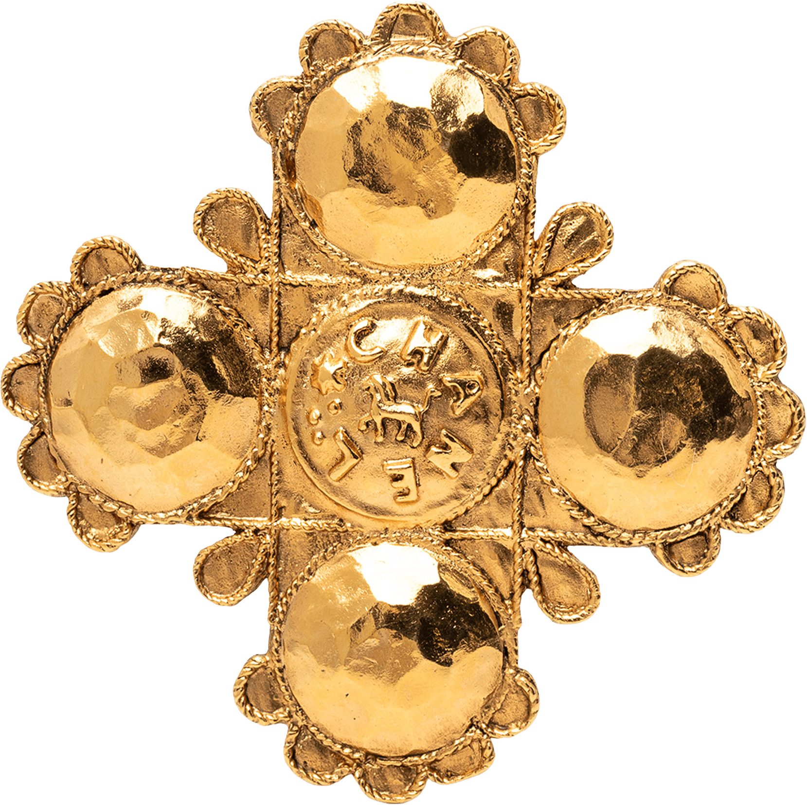 Chanel Gold Plated Lion Logo Cross Brooch, från Luxclusif, i färgen gold.