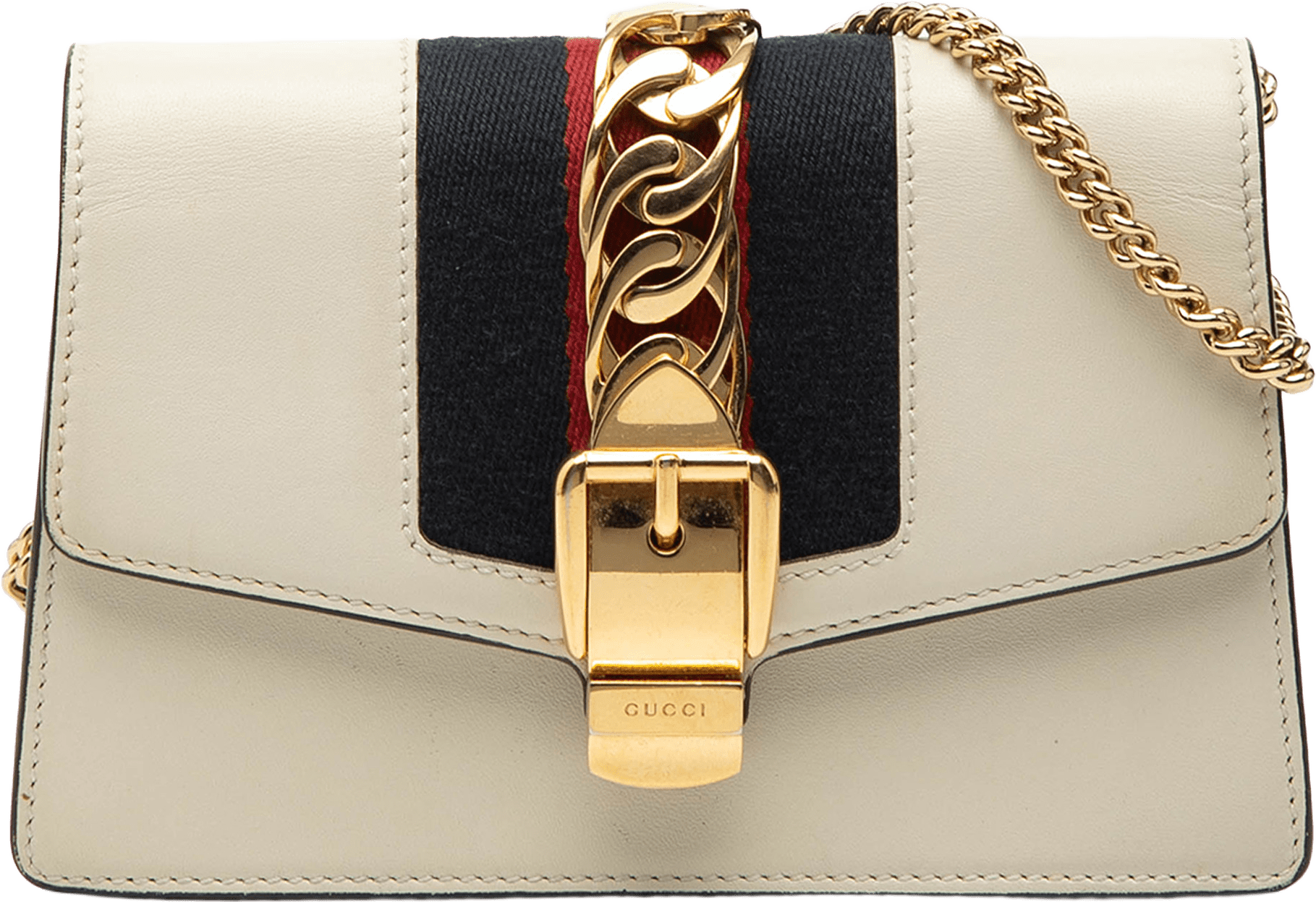 Gucci Super Mini Leather Sylvie Chain Crossbody, från Luxclusif, i färgen ivory.