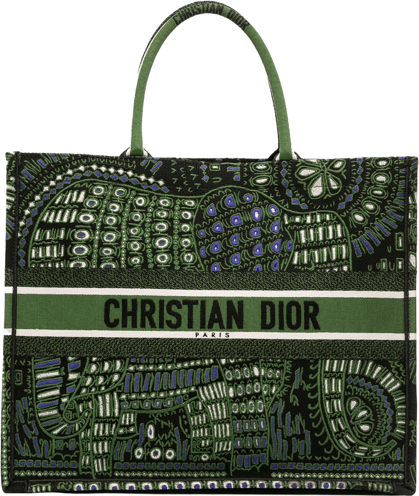 Dior Large Canvas Embroidered Elephant Book Tote, från Luxclusif, i färgen green.
