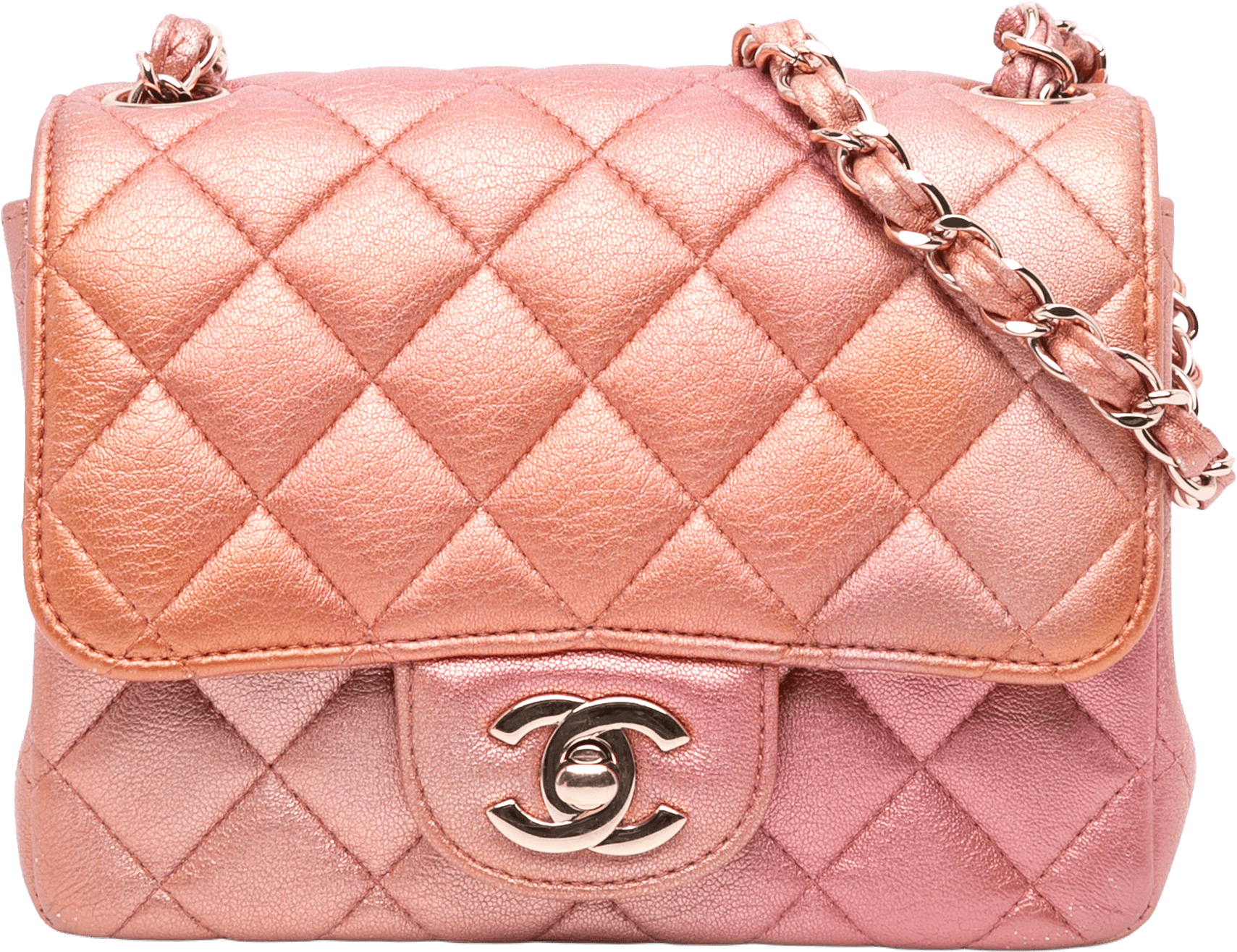 Chanel Mini Square Iridescent Calfskin Flap, från Luxclusif, i färgen orange.