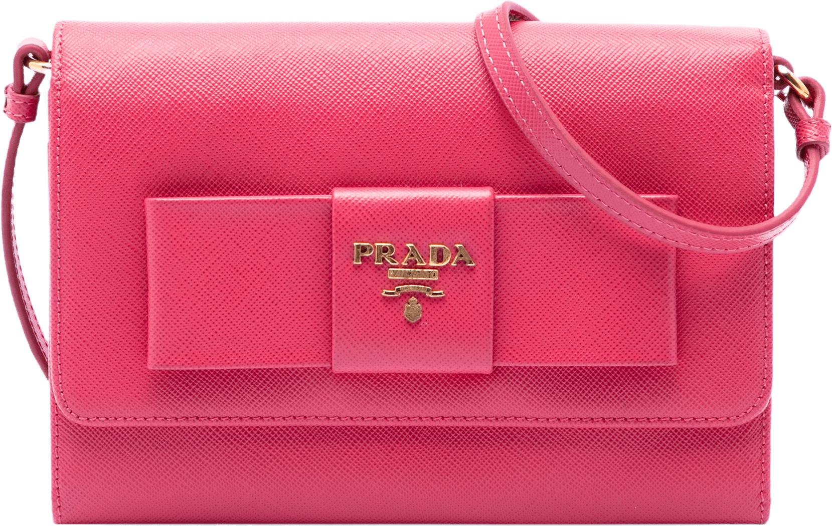 Prada Saffiano Lux Bow Wallet On Strap, från Luxclusif, i färgen rosa.