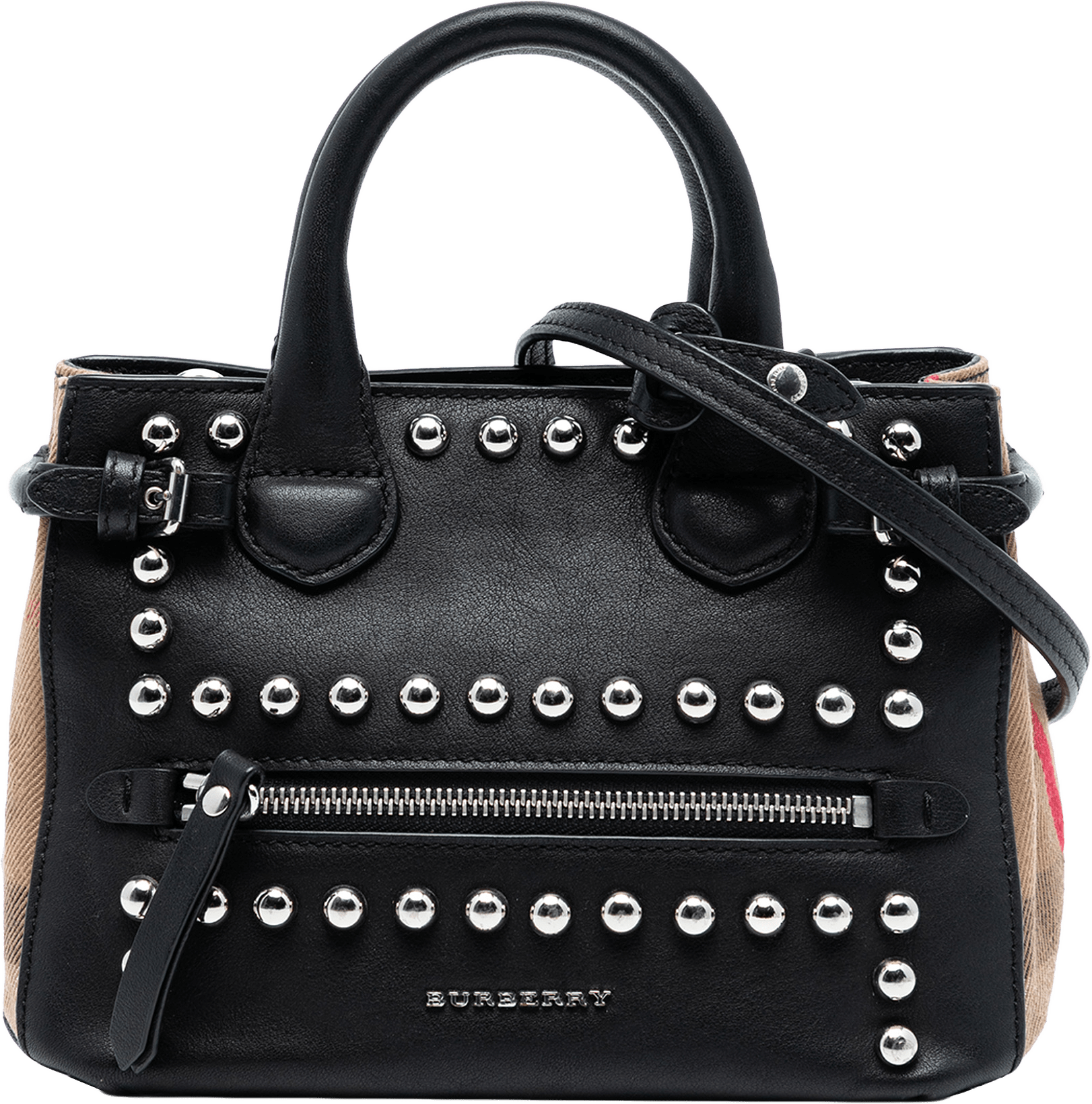 Burberry Baby Banner Studded Leather And House Check Tote, från Luxclusif, i färgen black.