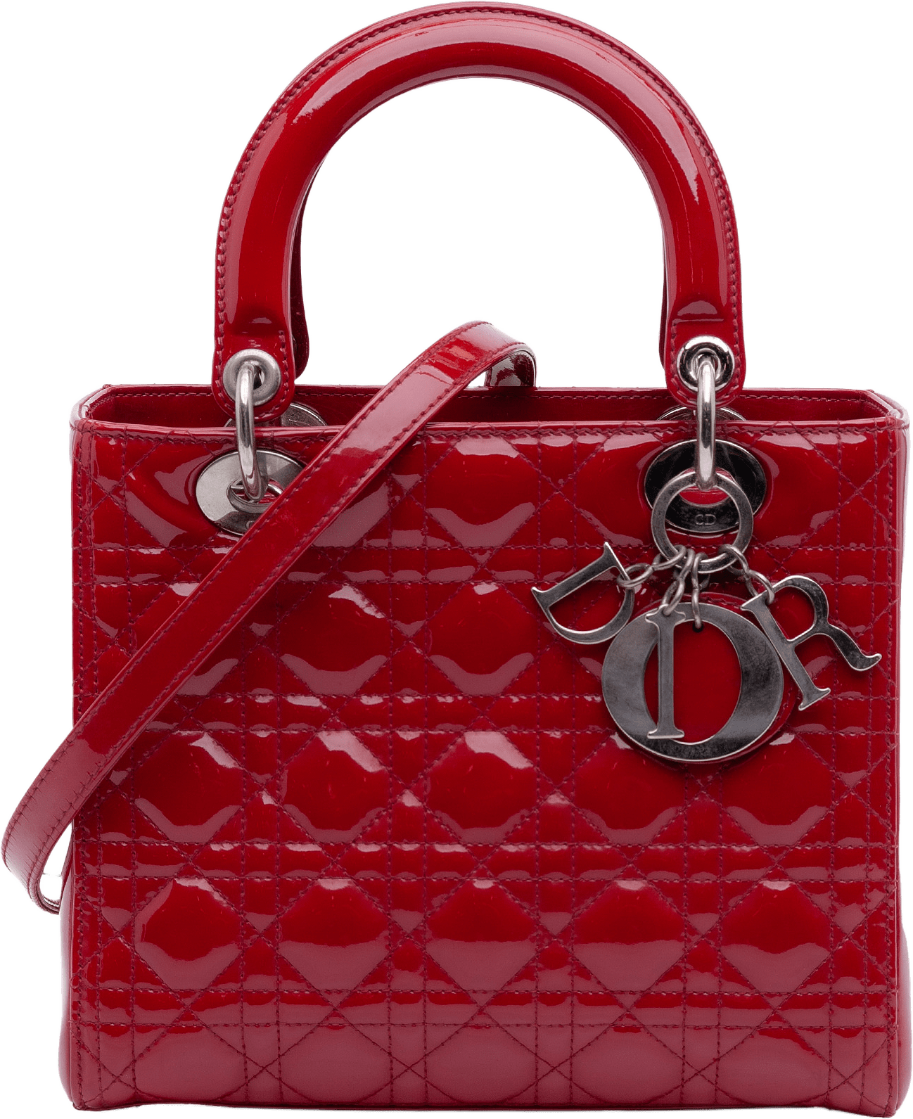 Dior Medium Patent Cannage Lady Dior, från Luxclusif, i färgen red.