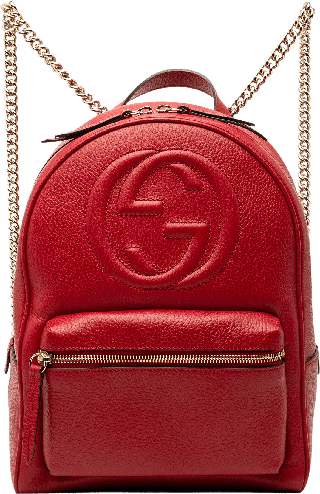 Gucci Pebbled Calfskin Soho Chain Backpack, från Luxclusif, i färgen red.