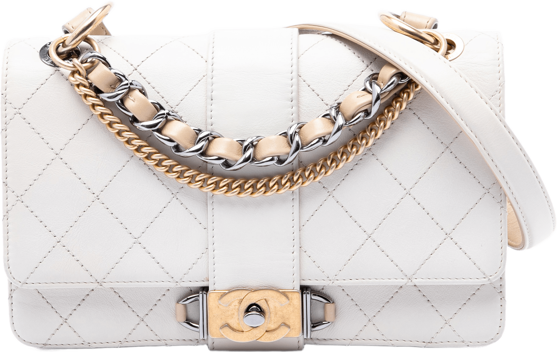 Chanel Cc Stitched Calfskin Chain Flap, från Luxclusif, i färgen vit.