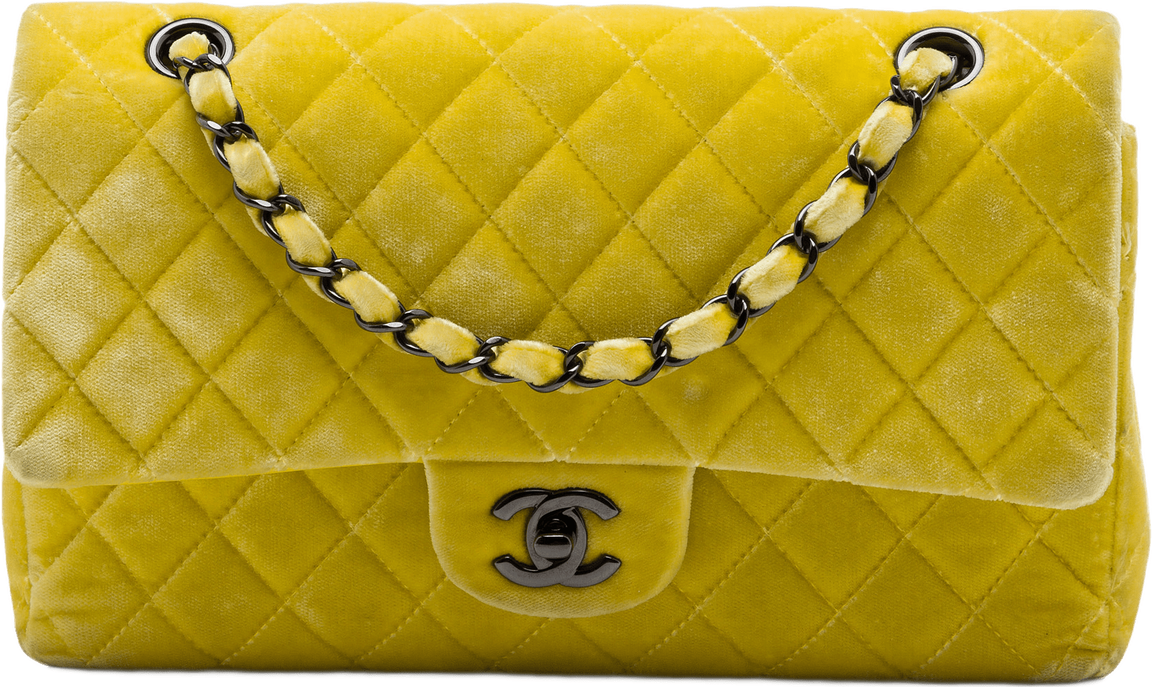Chanel Medium Classic Velvet Double Flap, från Luxclusif, i färgen gul.