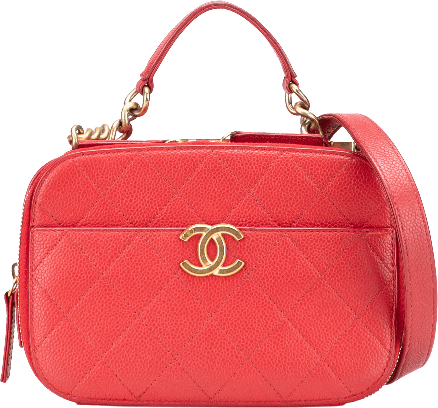 Chanel Small Quilted Caviar Top Handle Camera Bag, från Luxclusif, i färgen red.