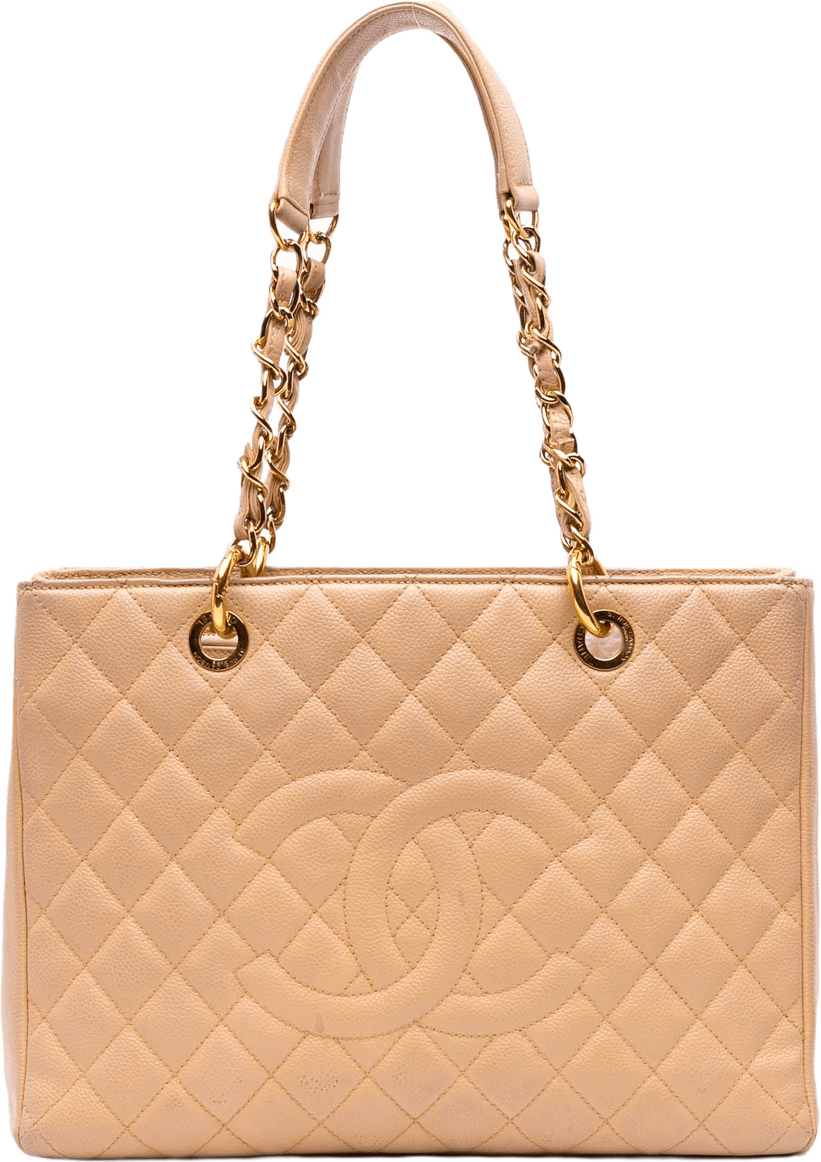 Chanel Caviar Grand Shopping Tote, från Luxclusif, i färgen beige.