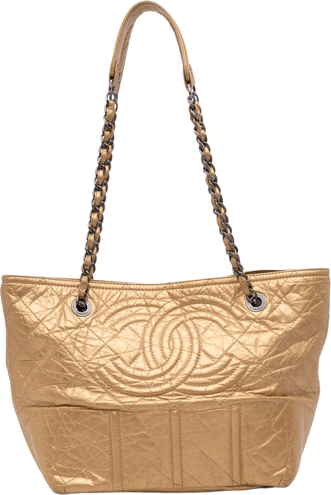 Chanel Distressed Calfskin Shopping In Moscow Tote, från Luxclusif, i färgen gold.