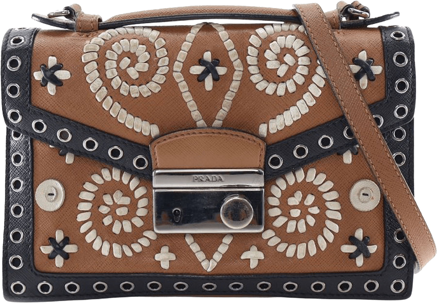 Prada Saffiano Embroidered Pattina Satchel, från Luxclusif, i färgen brown.