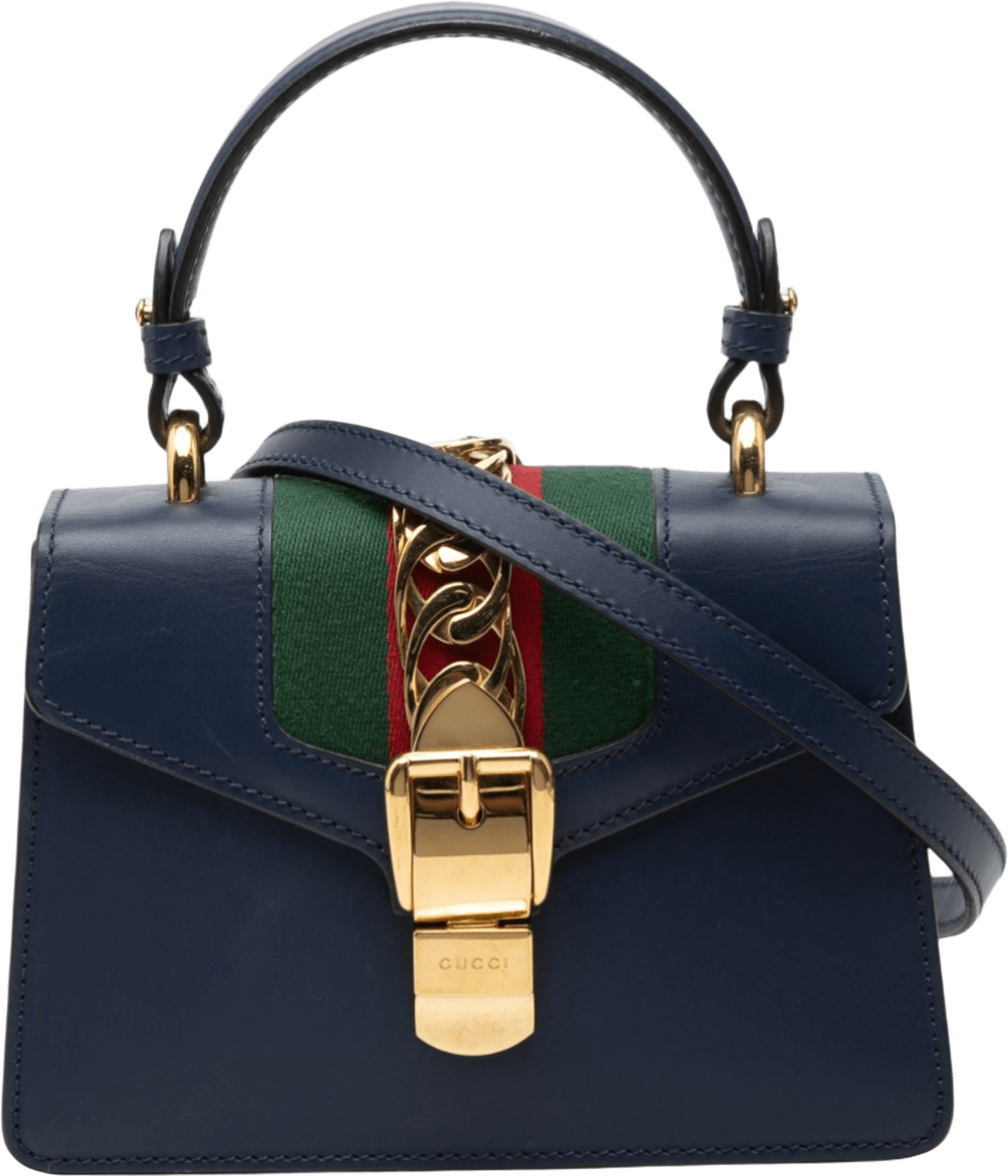 Gucci Mini Leather Sylvie Satchel, från Luxclusif, i färgen navy.