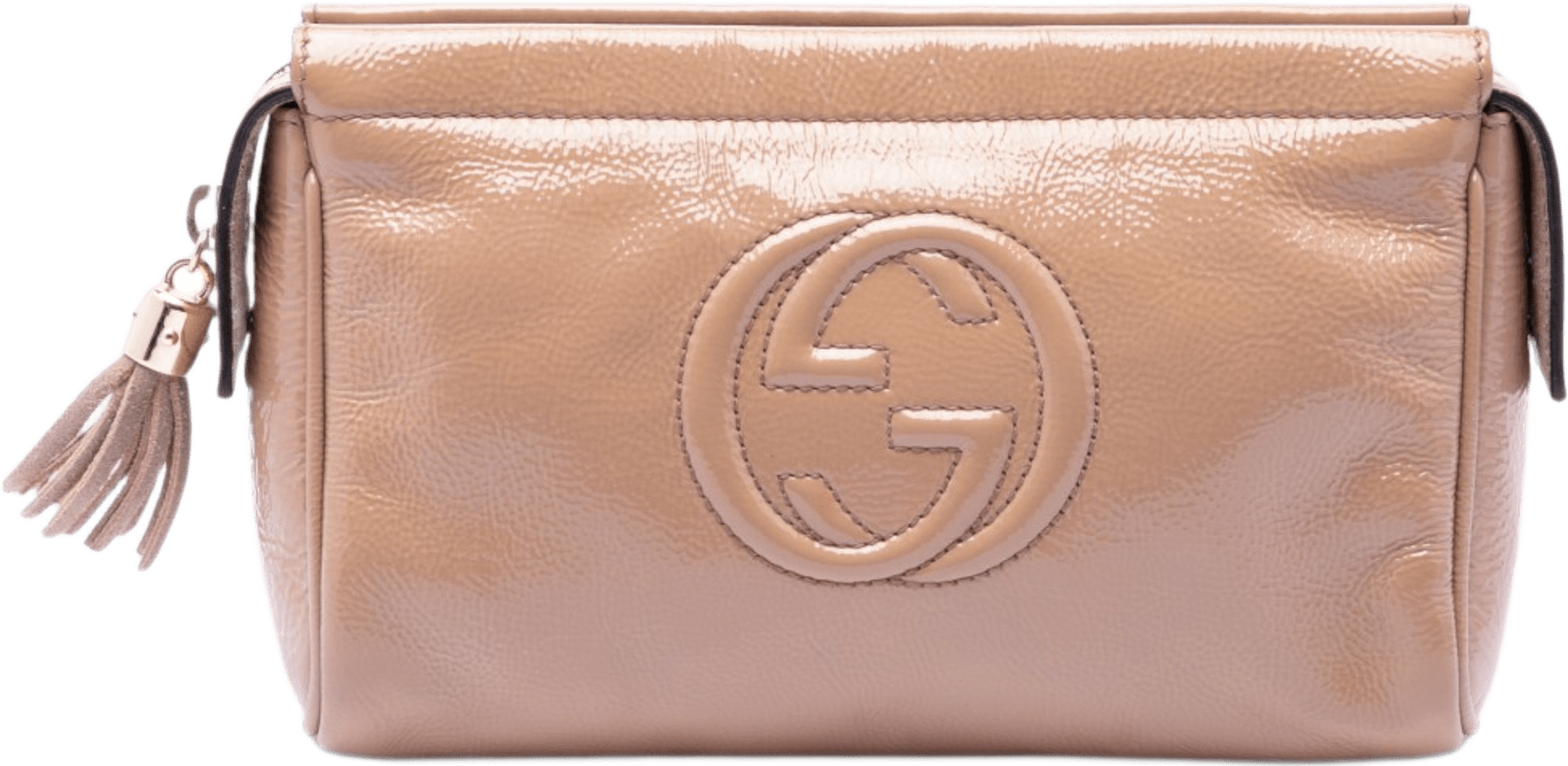 Gucci Soft Patent Soho Clutch, från Luxclusif, i färgen brun.