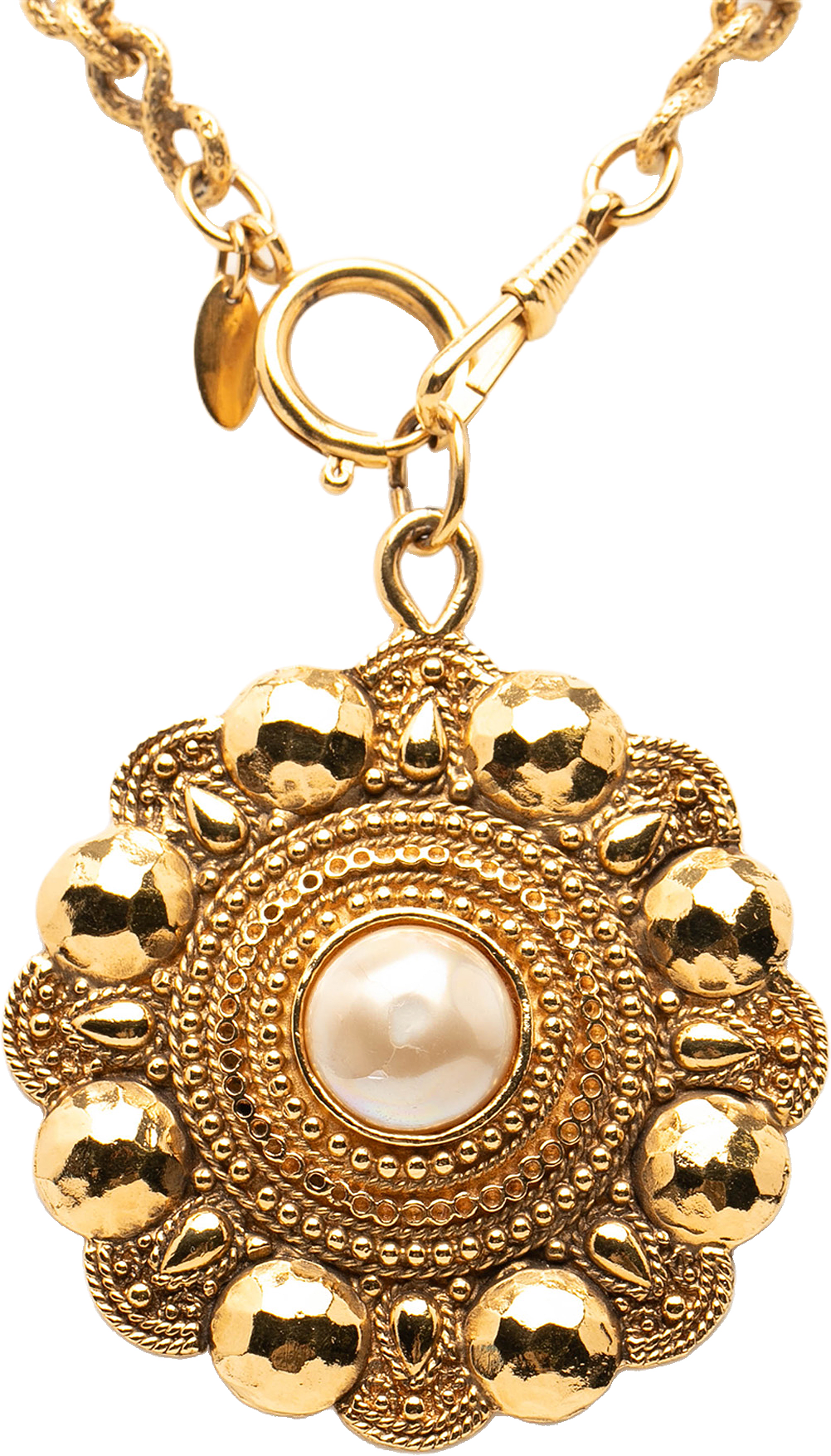 Chanel Gold Plated Faux Pearl Flower Pendant Necklace, från Luxclusif, i färgen gold.
