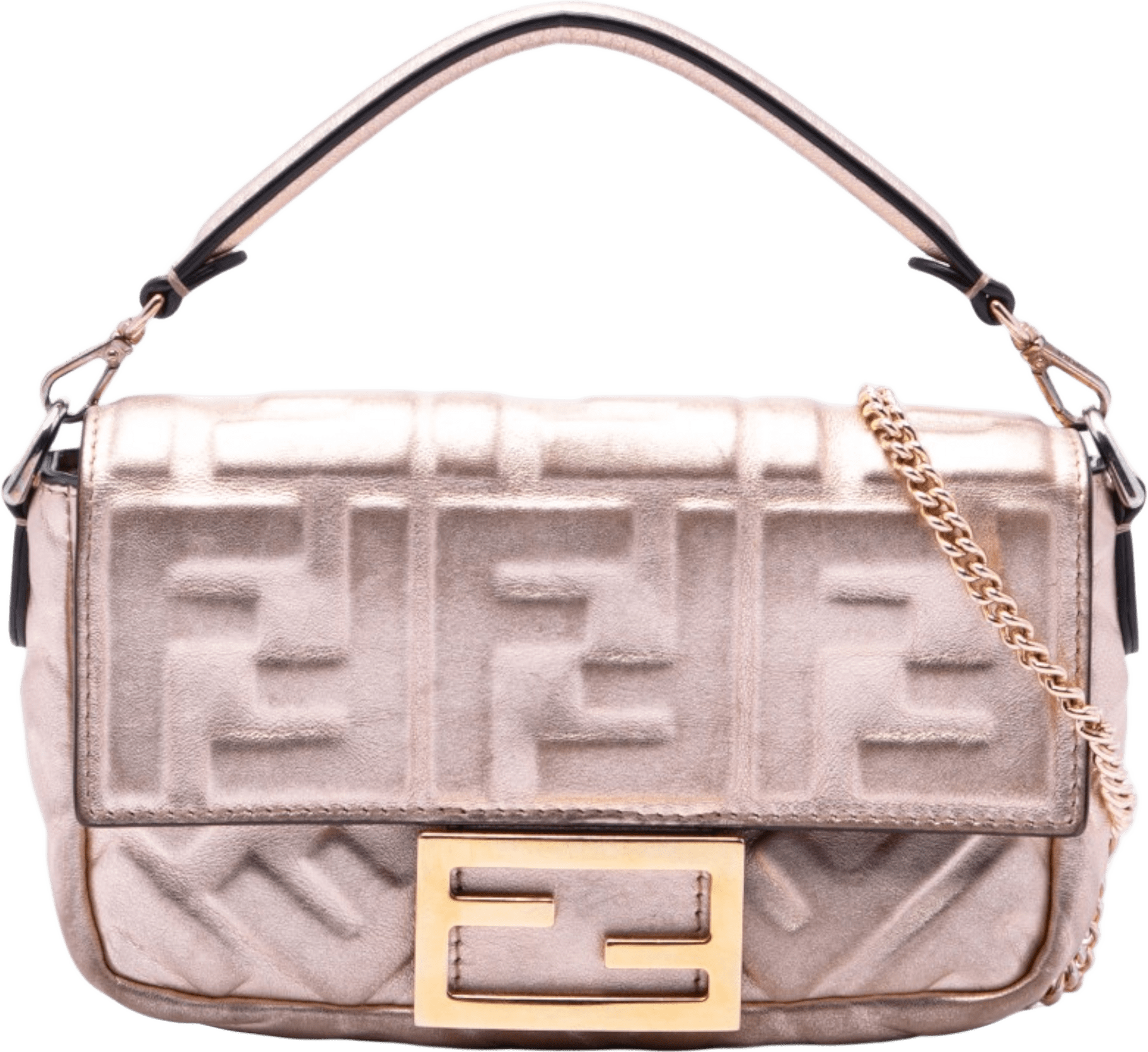Fendi Mini Zucca Embossed Metallic Leather Baguette Satchel, från Luxclusif, i färgen pink.
