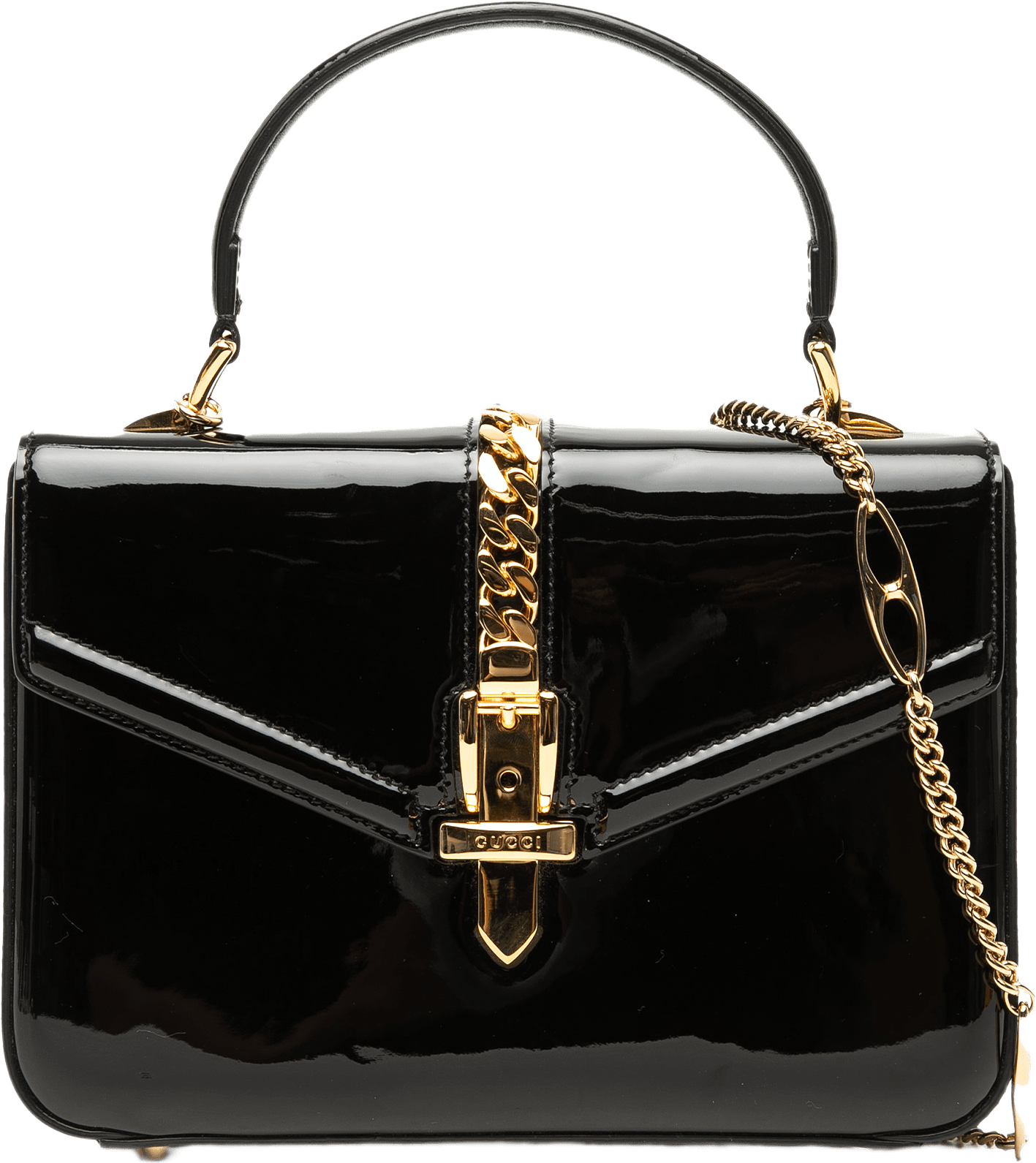 Gucci Mini Patent Sylvie 1969 Top Handle Bag, från Luxclusif, i färgen black.