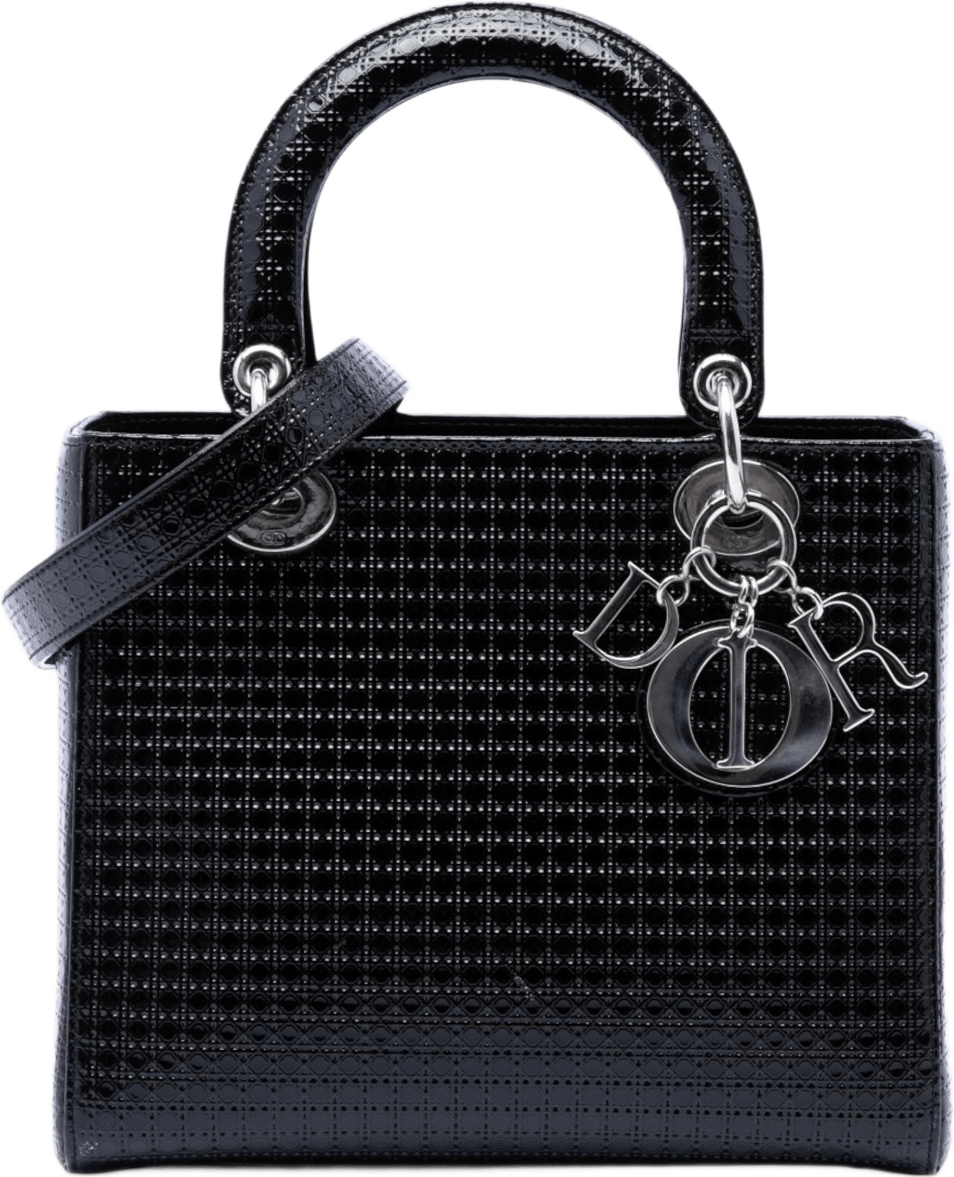 Dior Medium Metallic Patent Microcannage Lady Dior, från Luxclusif, i färgen svart.