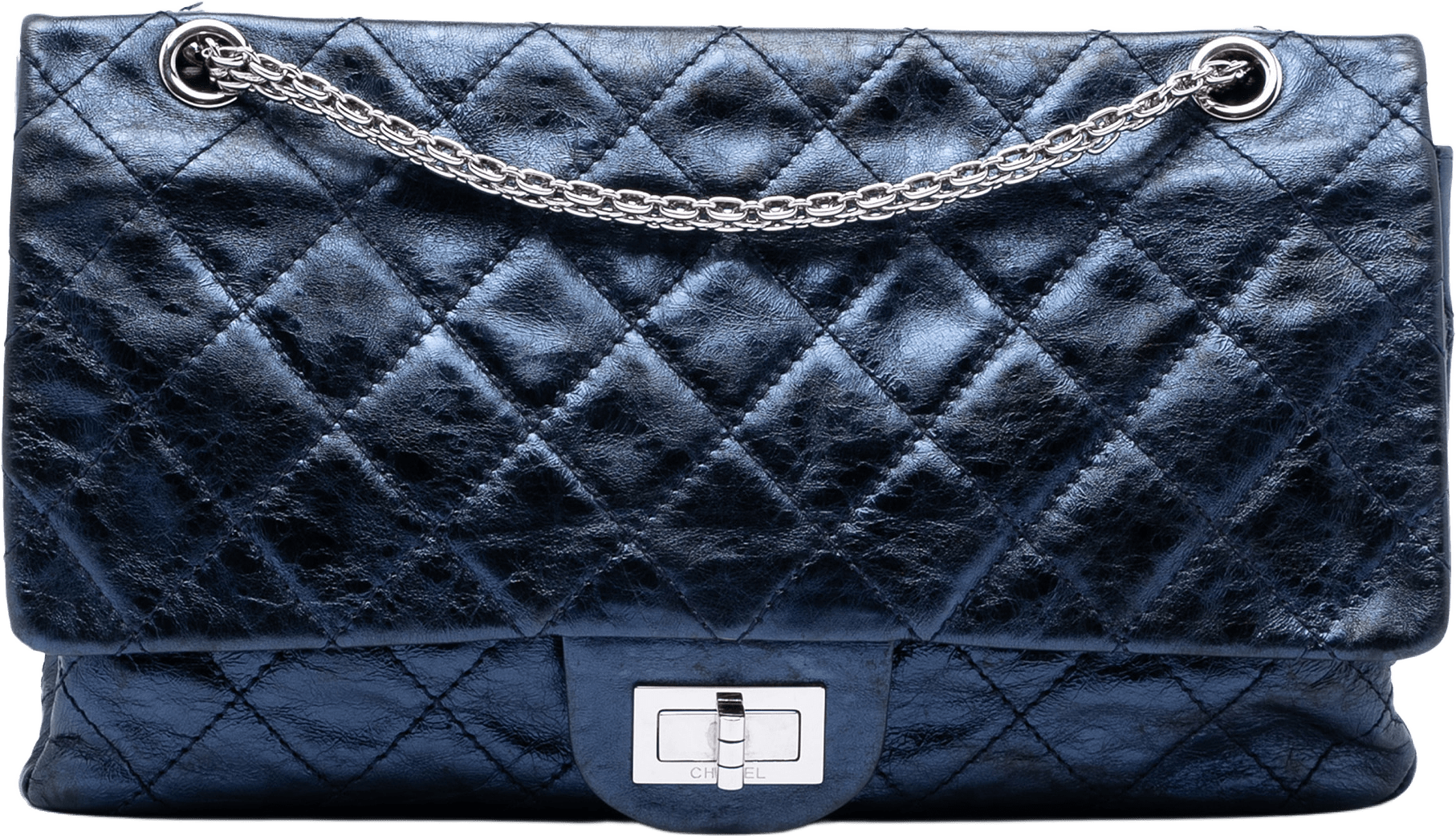 Chanel Metallic Quilted Aged Calfskin Reissue 2.55 Double Flap 227, från Luxclusif, i färgen blue.