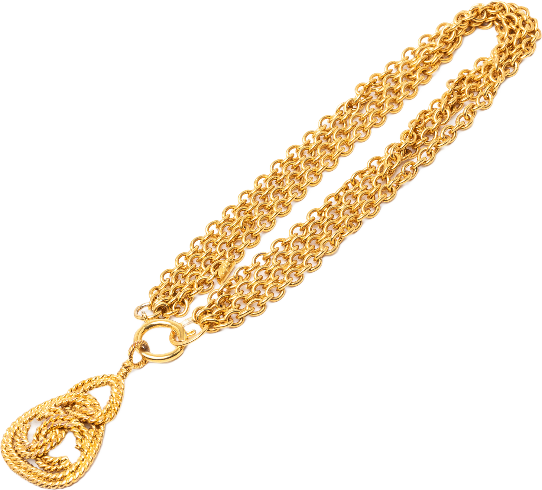 Chanel Cc Gold Plated Triple Chain Rope Triangle Pendant Necklace, från Luxclusif, i färgen gold.