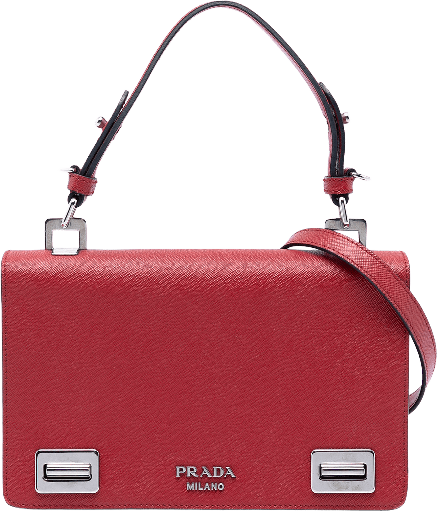 Prada Saffiano Double Turn Lock Top Handle Bag, från Luxclusif, i färgen red.