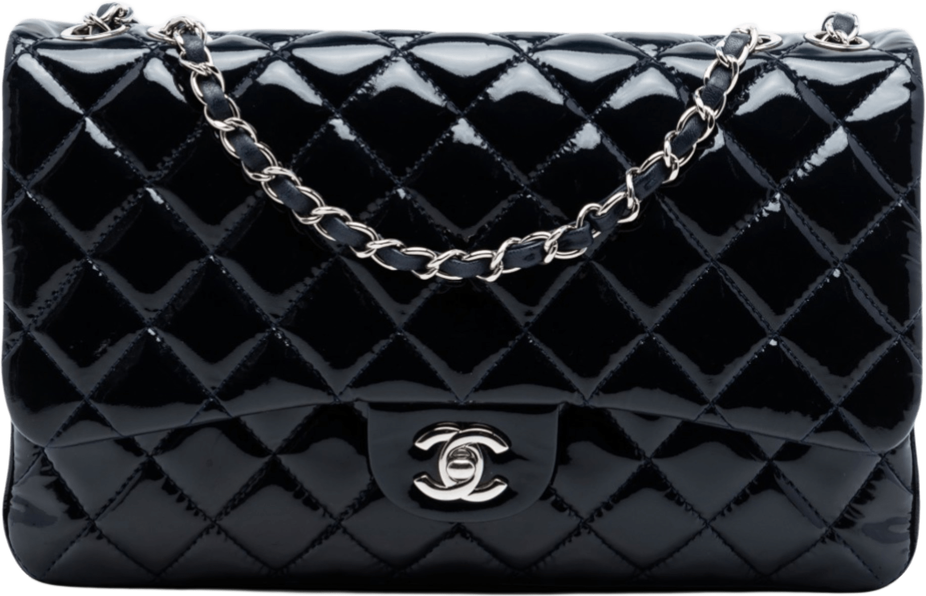 Chanel Jumbo Quilted Patent 3 Compartment Flap, från Luxclusif, i färgen navy.