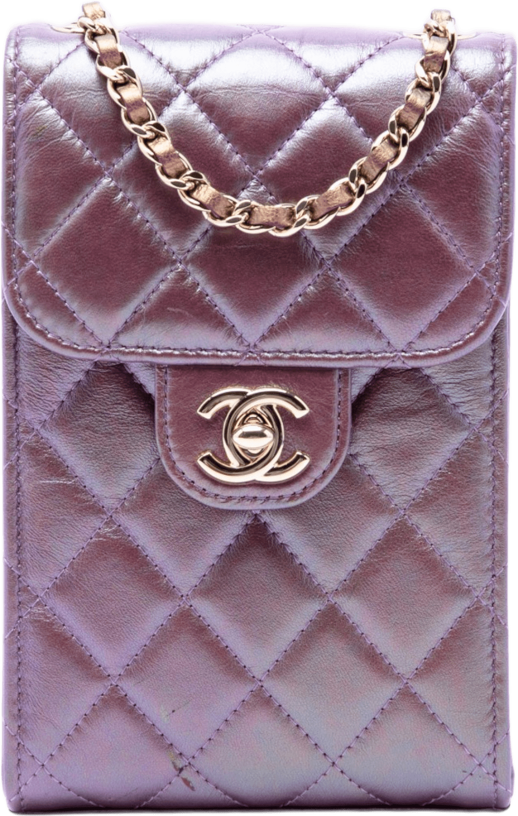 Chanel Cc Quilted Iridescent Lambskin Phone Holder With Chain, från Luxclusif, i färgen purpur.