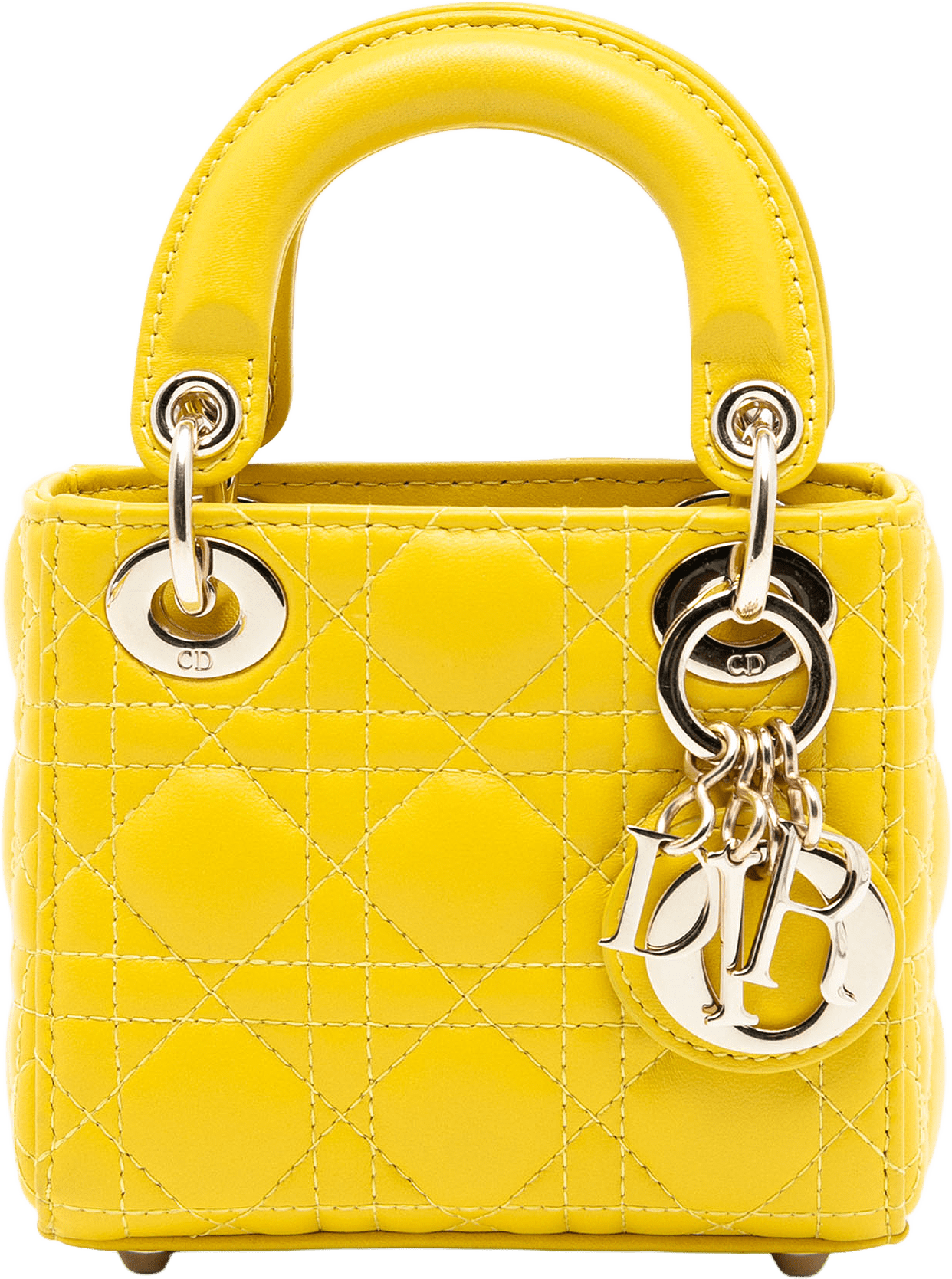 Dior Micro Lambskin Cannage Lady Dior, från Luxclusif, i färgen neon yellow.