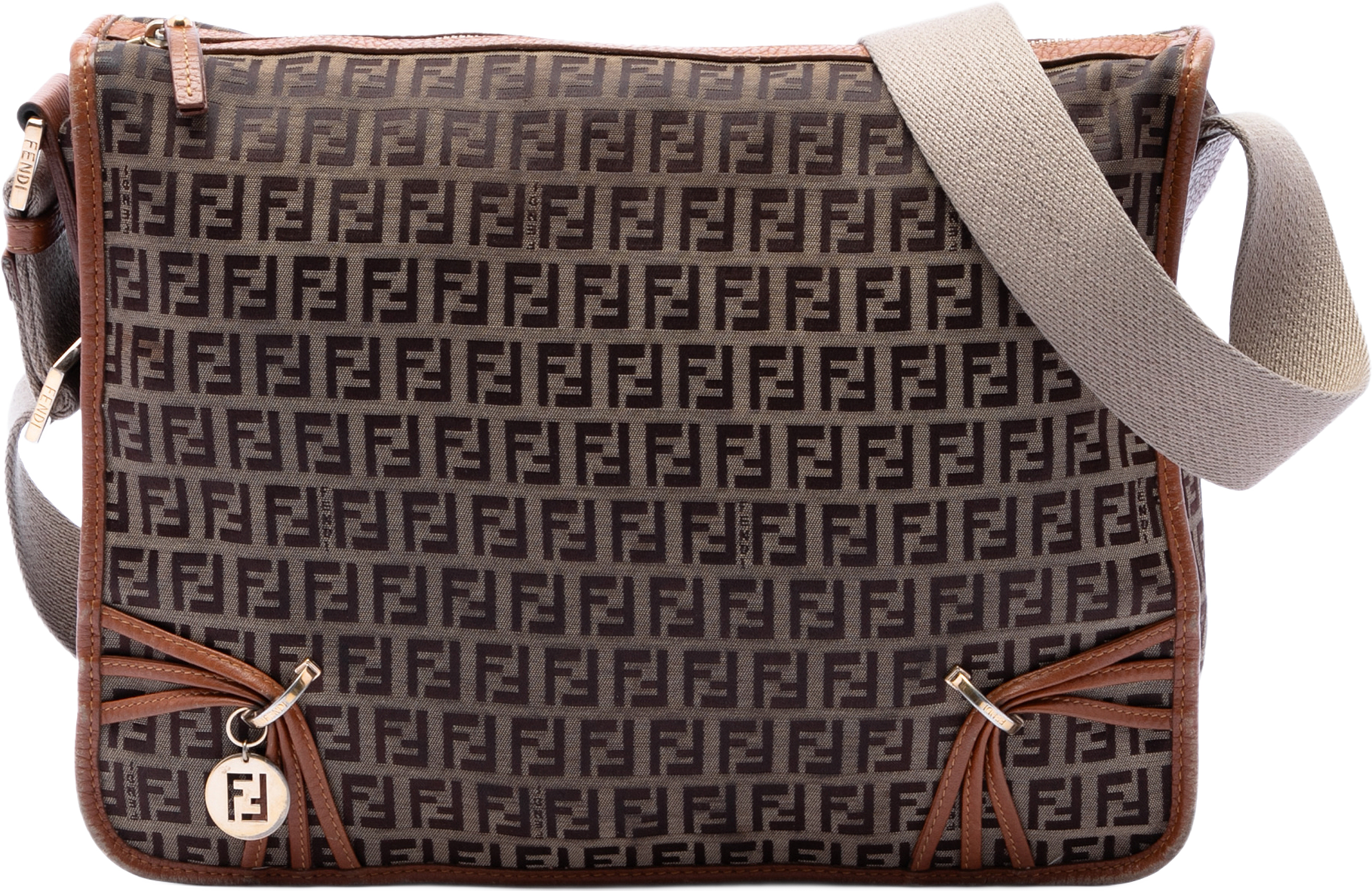 Fendi Zucchino Canvas F Charm Crossbody, från Luxclusif, i färgen beige.