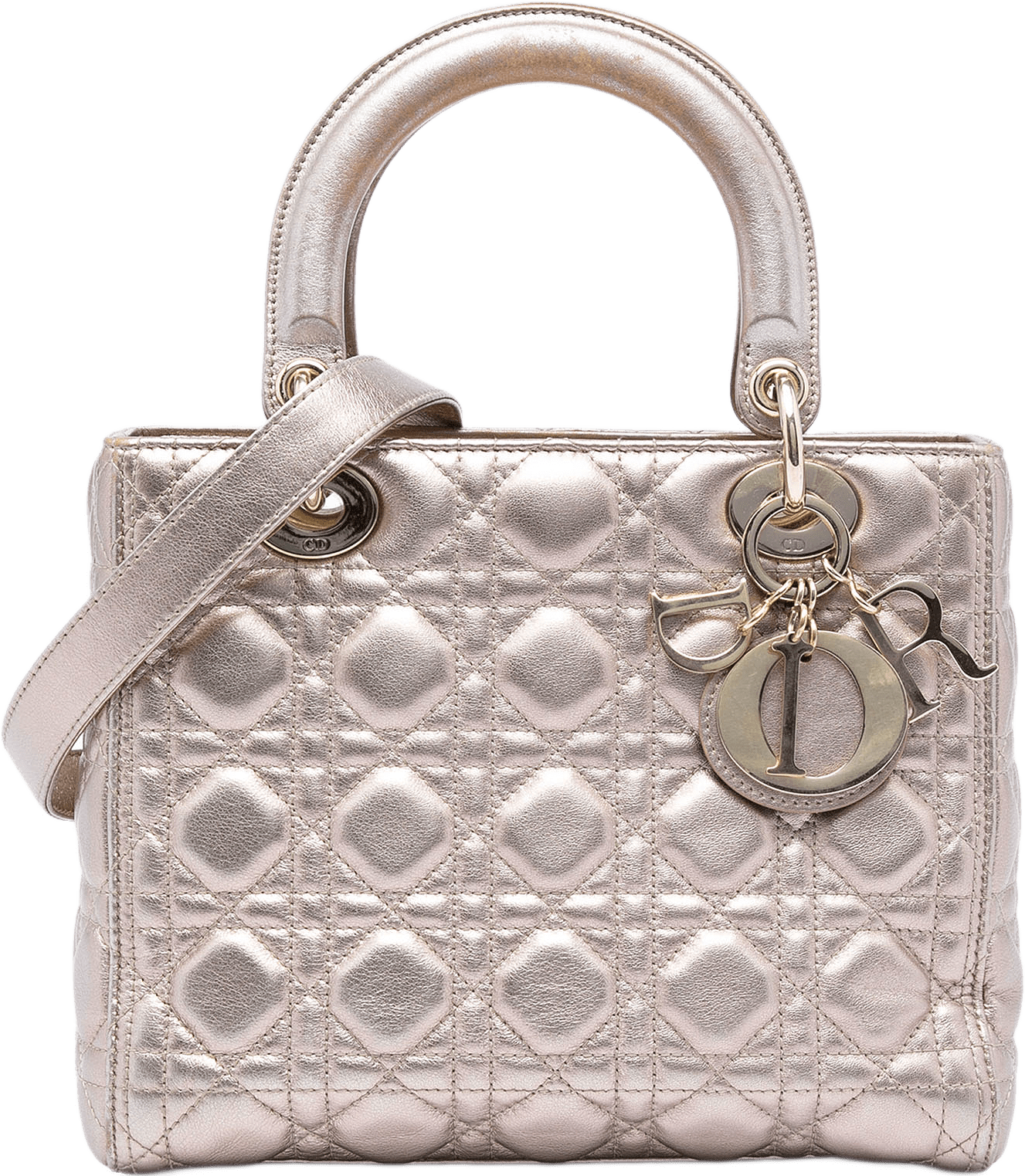 Dior Medium Metallic Lambskin Cannage Lady Dior, från Luxclusif, i färgen guld.