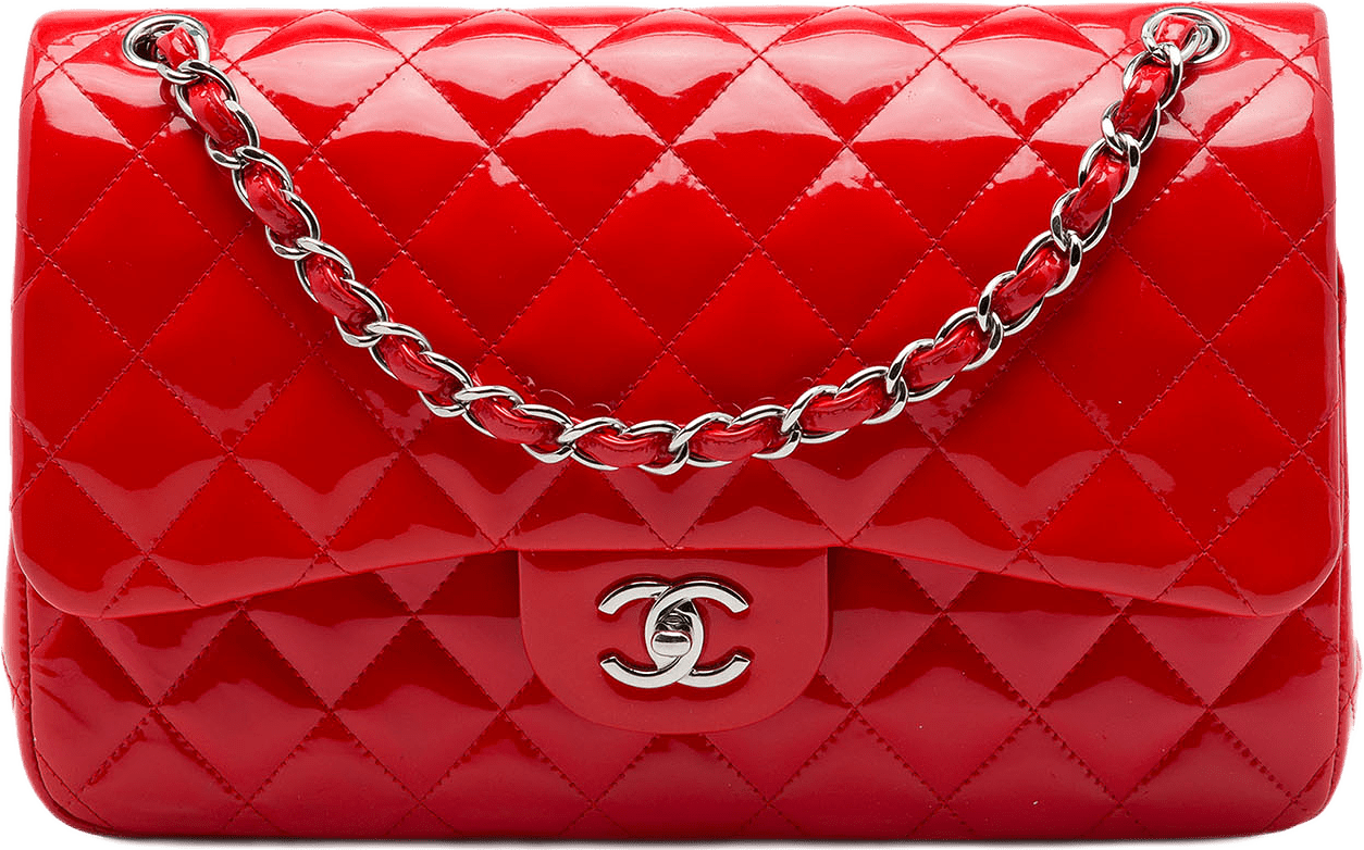 Chanel Jumbo Classic Patent Double Flap, från Luxclusif, i färgen röd.
