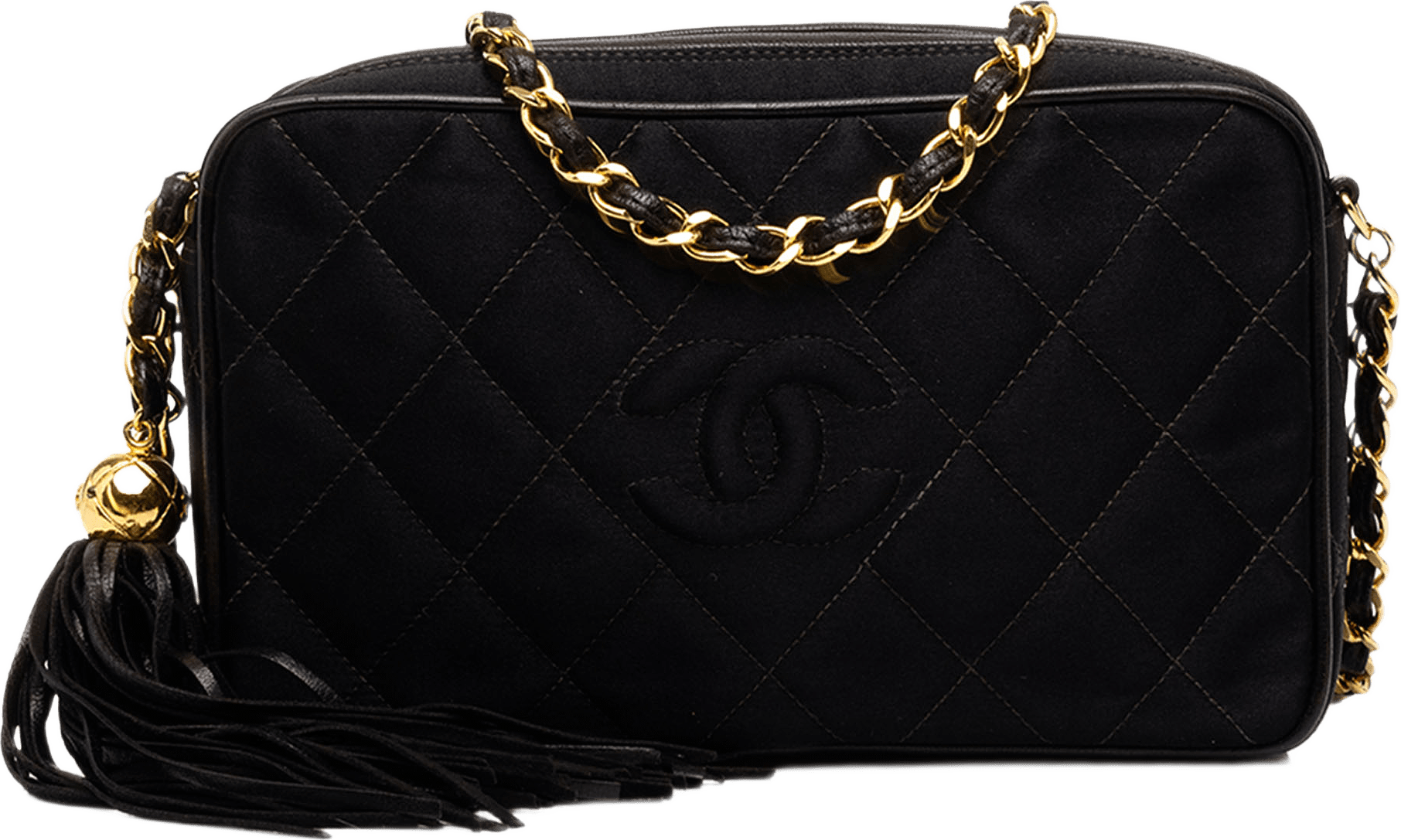 Chanel Cc Diamond Quilted Satin Tassel Camera Bag, från Luxclusif, i färgen svart.