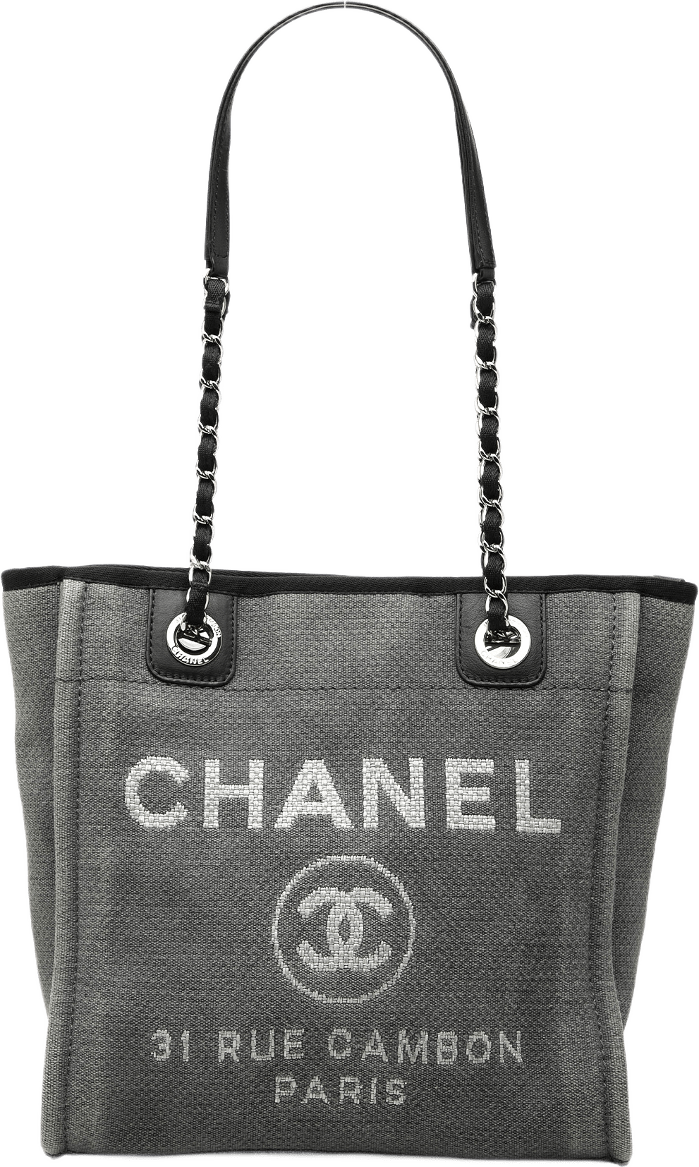 Chanel Mini Canvas Deauville Tote, från Luxclusif, i färgen grå.