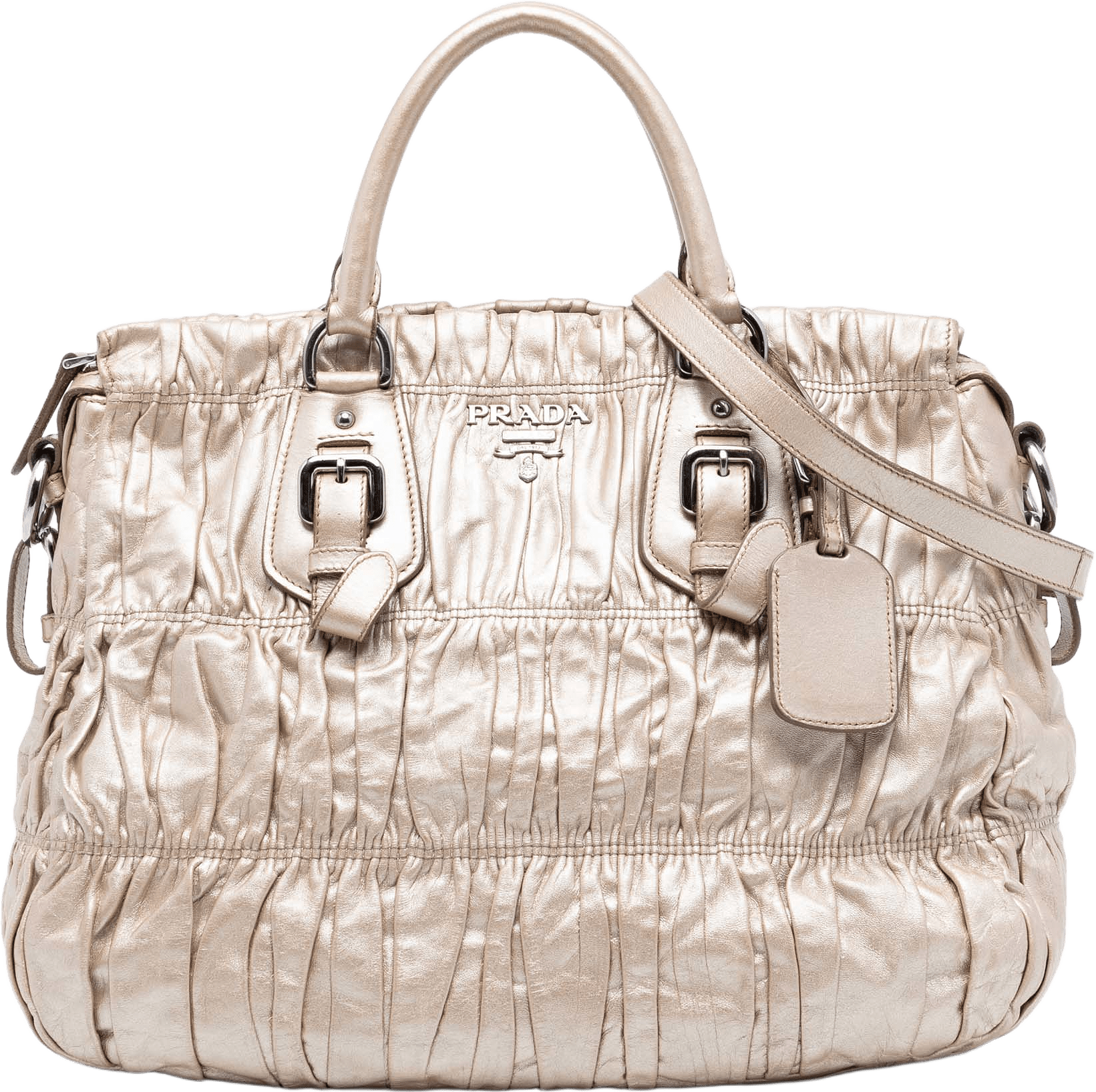 Prada Nappa Gaufre Satchel, från Luxclusif, i färgen light gold.