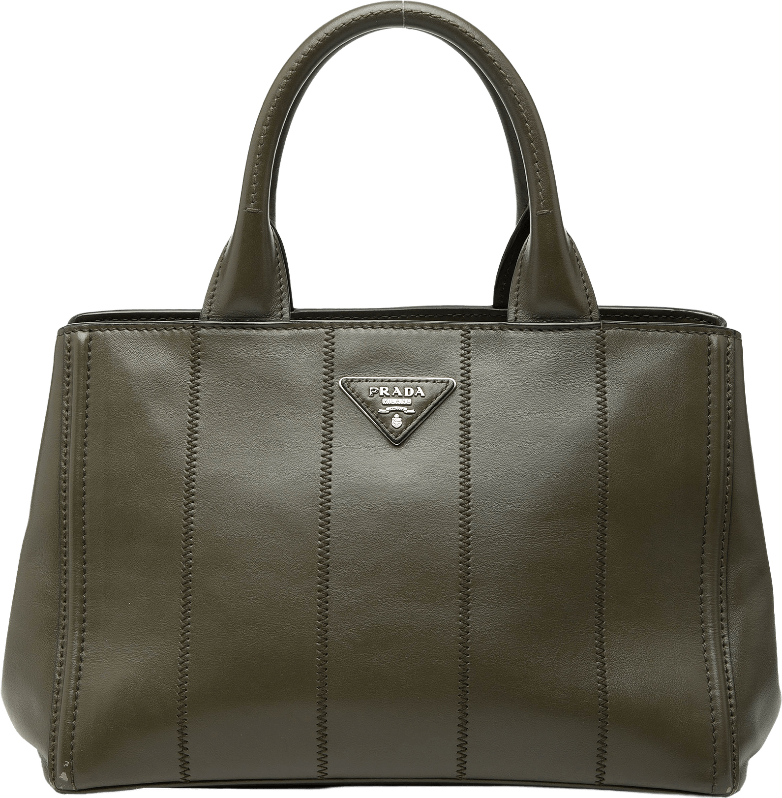 Prada Vitello Daino Vertical Stitched Top Handle Bag, från Luxclusif, i färgen olive green.