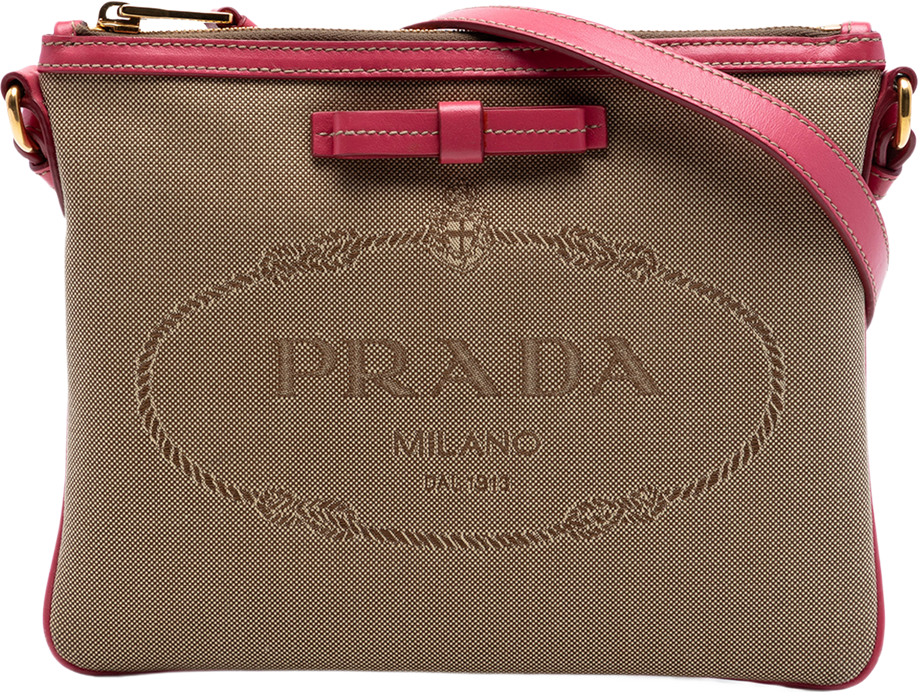 Prada Canvas Canapa Logo Bow Crossbody, från Luxclusif, i färgen beige.