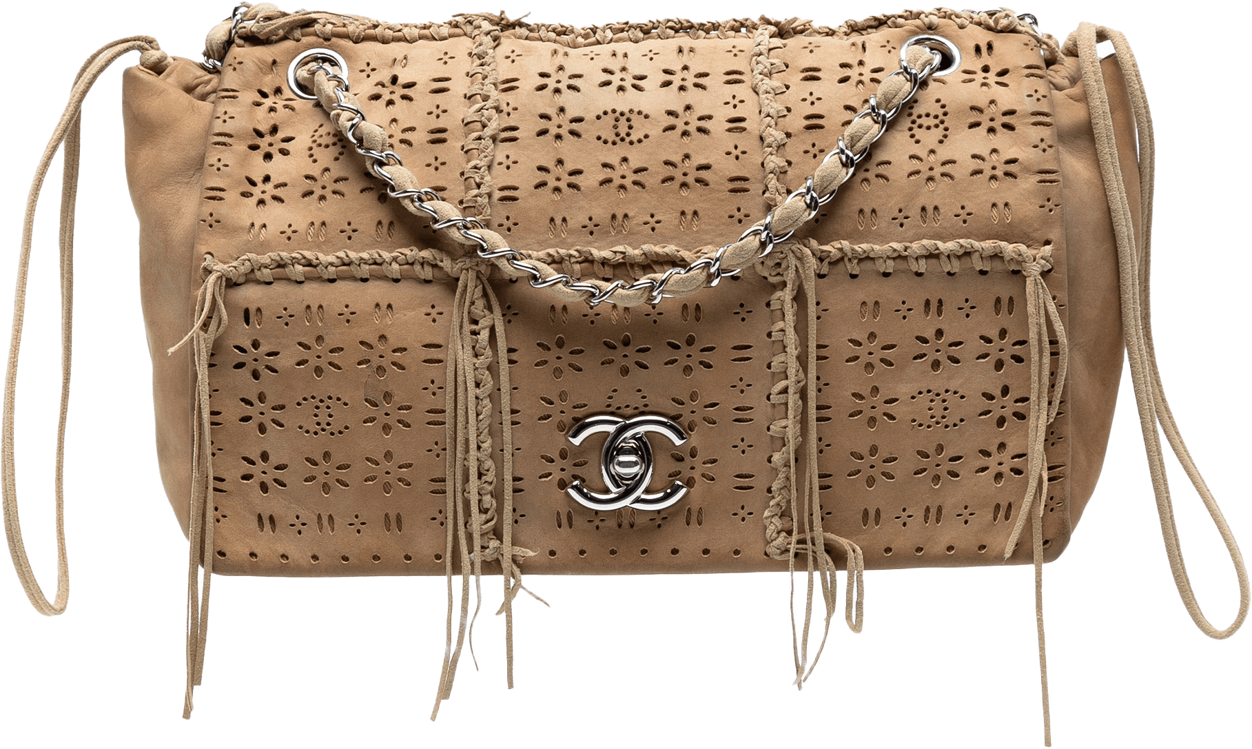 Chanel Perforated Suede Fringe Flap, från Luxclusif, i färgen beige.
