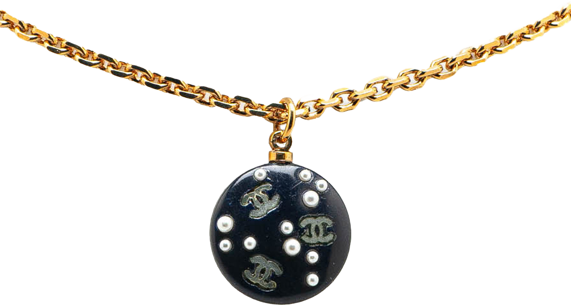 Chanel Gold Plated Cc Resin And Faux Pearl Pendant Necklace