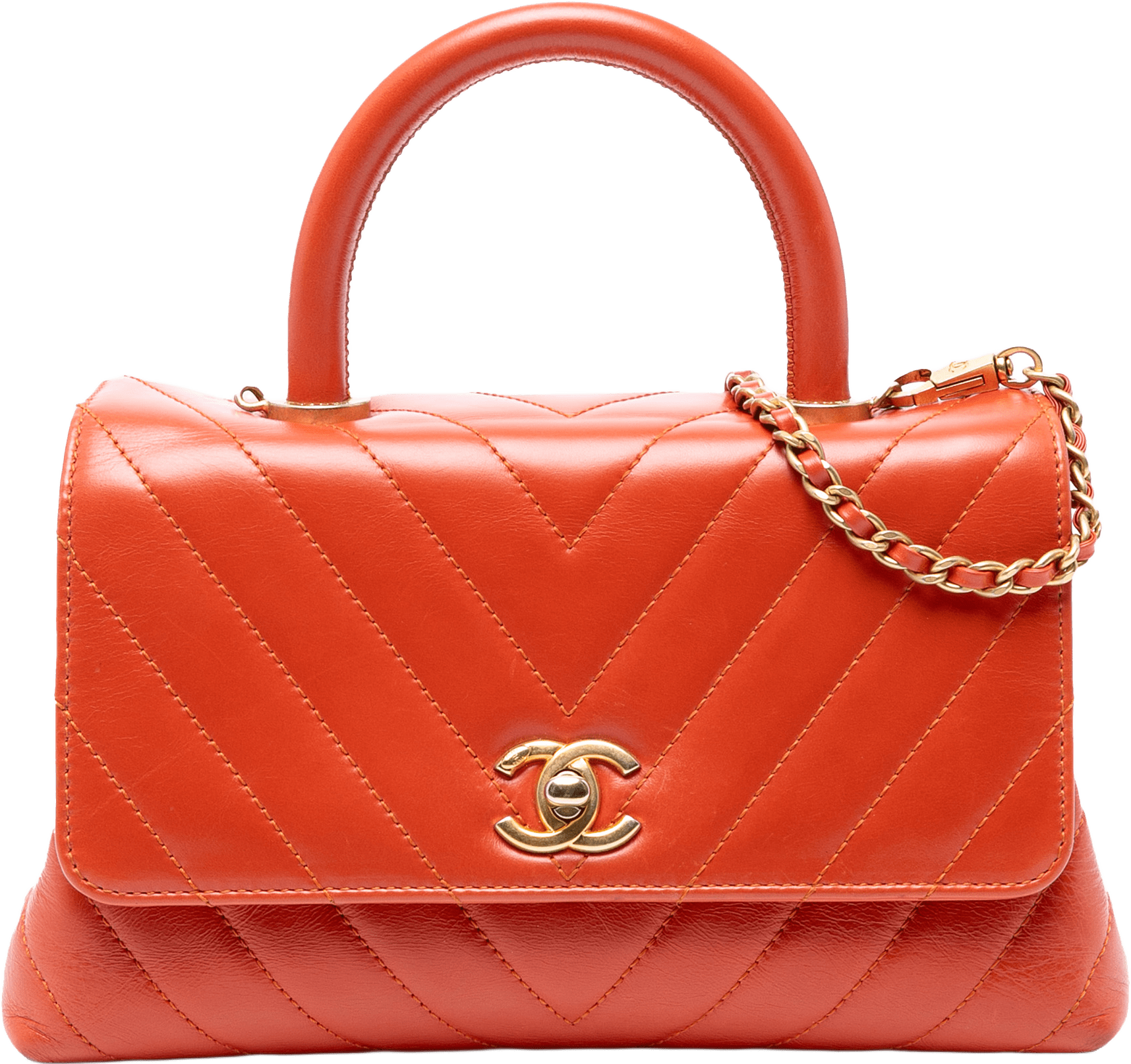 Chanel Mini Chevron Lambskin Coco Top Handle Bag, från Luxclusif, i färgen dark orange.