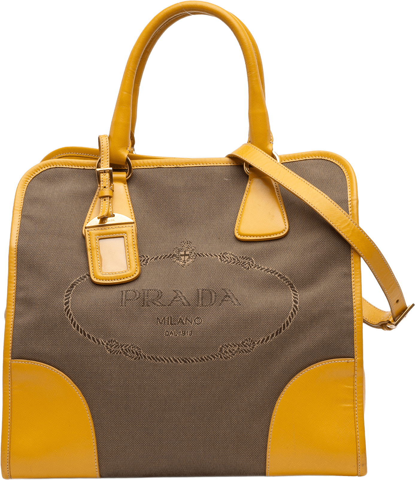 Prada Saffiano Trimmed Canvas Canapa Logo Satchel, från Luxclusif, i färgen light brown.