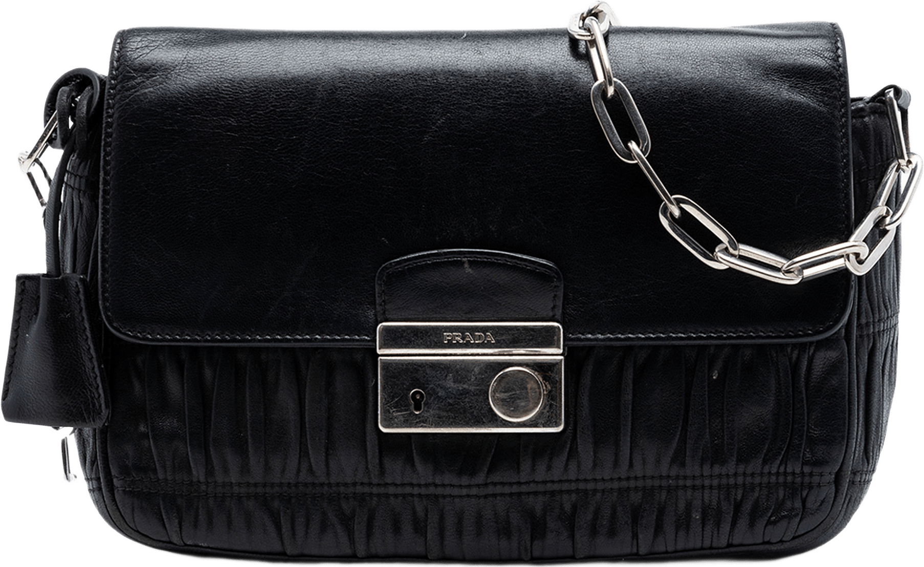 Prada Nappa Gaufre Sound Lock Shoulder Bag, från Luxclusif, i färgen svart.