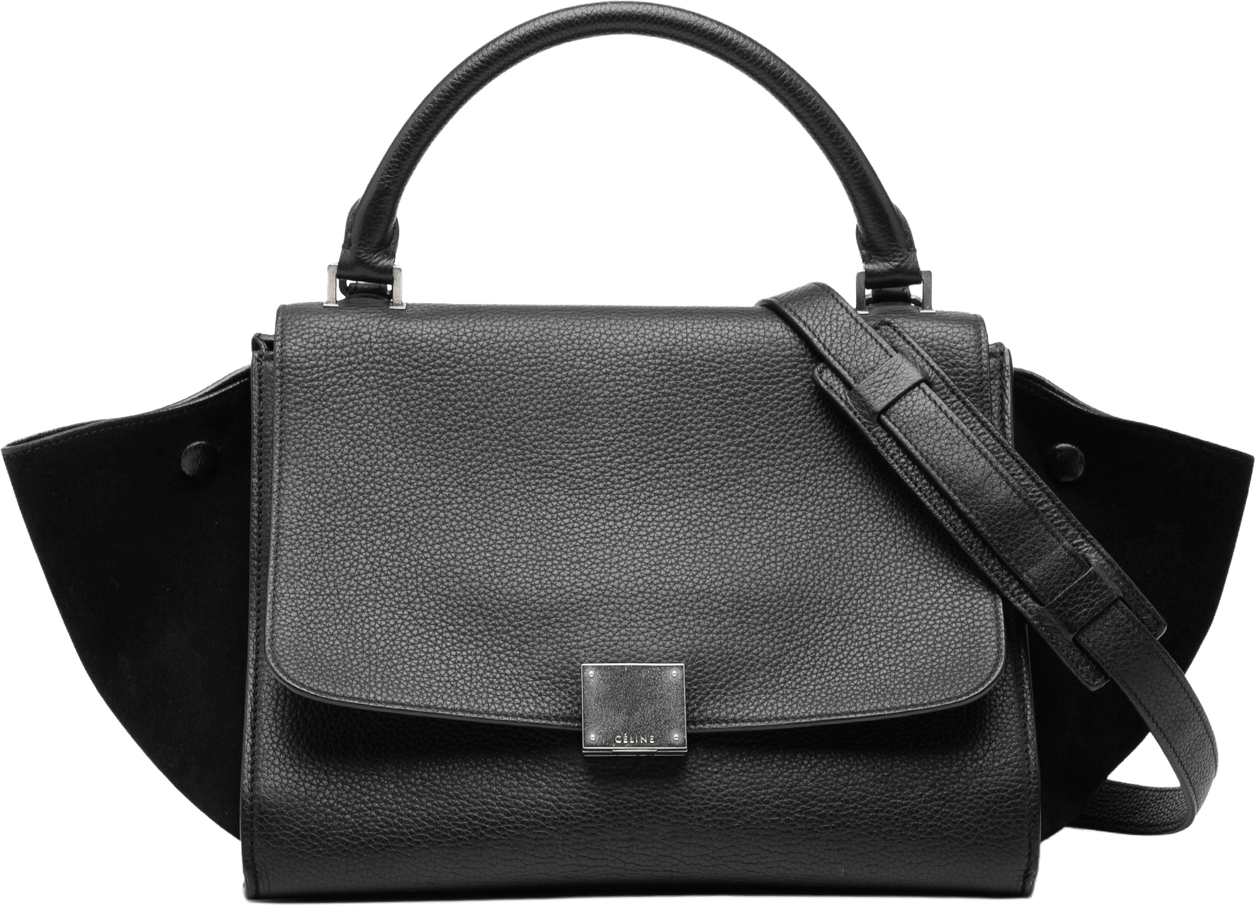 Celine Small Drummed Calfskin And Suede Trapeze Satchel, från Luxclusif, i färgen black.