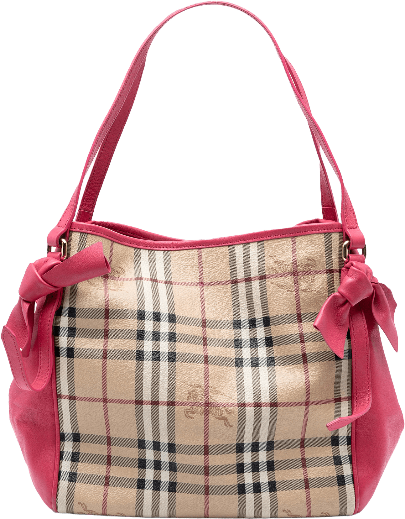 Burberry Small Leather Trimmed Haymarket Check Coated Canvas Canterbury Bow Tote, från Luxclusif, i färgen beige.