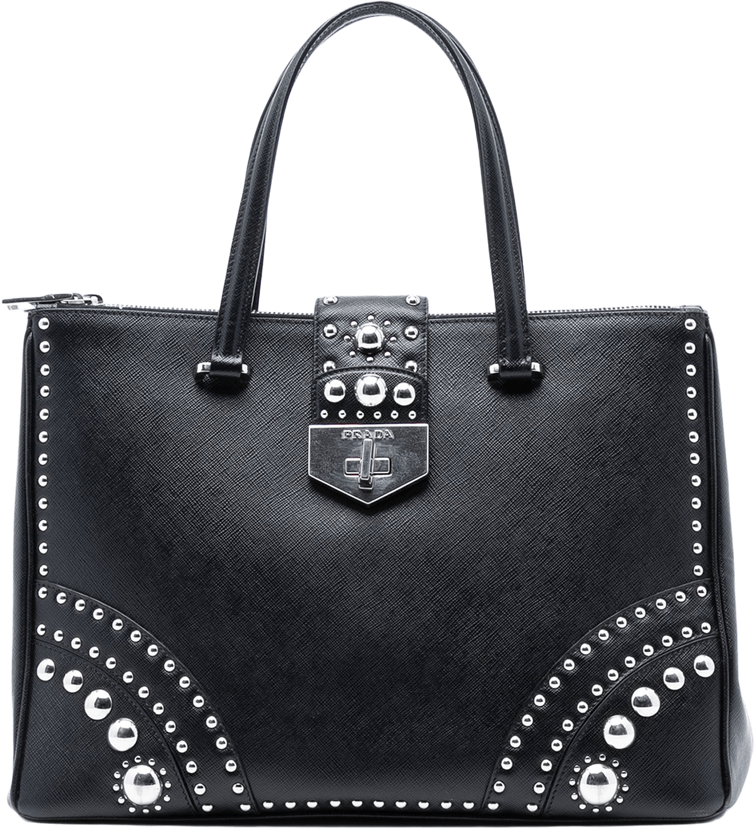 Prada Saffiano Turnlock Double Zip Studded Tote, från Luxclusif, i färgen black.