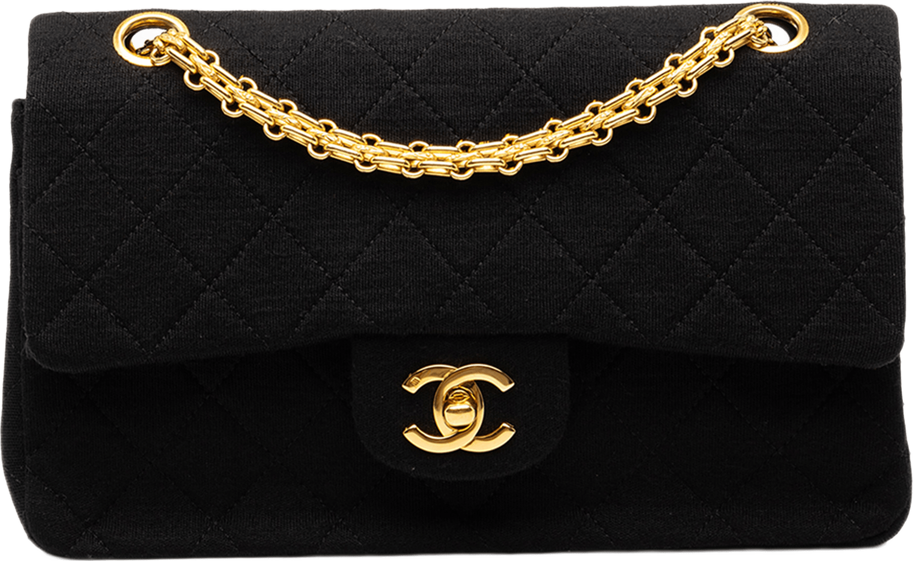 Chanel Small Classic Jersey Double Flap, från Luxclusif, i färgen svart.