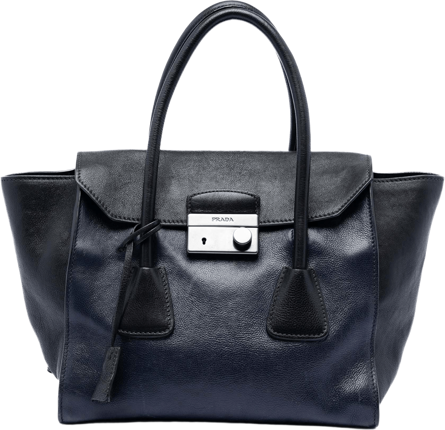 Prada Bicolor Glace Calf Sound Lock Satchel, från Luxclusif, i färgen navy.