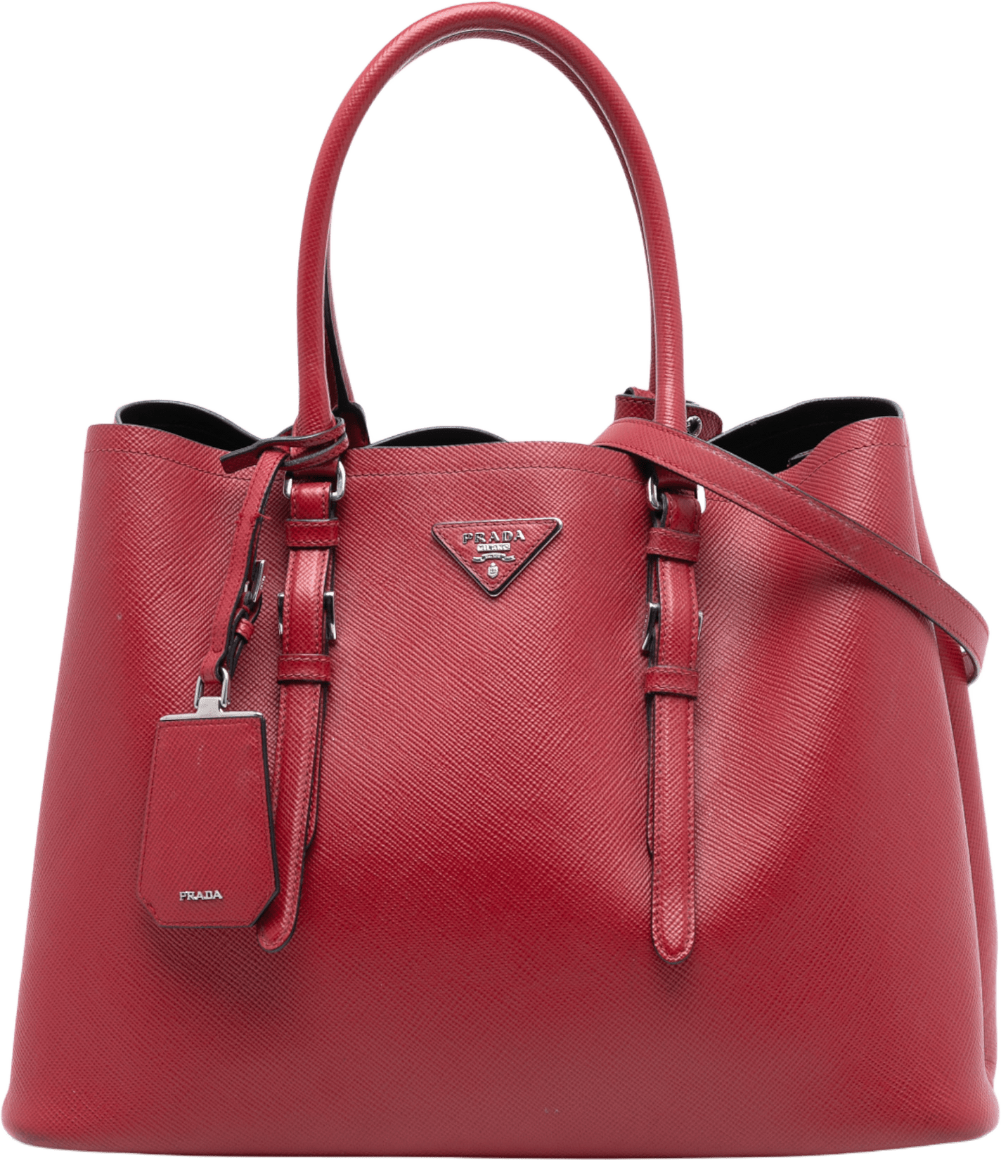 Prada Medium Saffiano Cuir Double Handle Satchel, från Luxclusif, i färgen red.