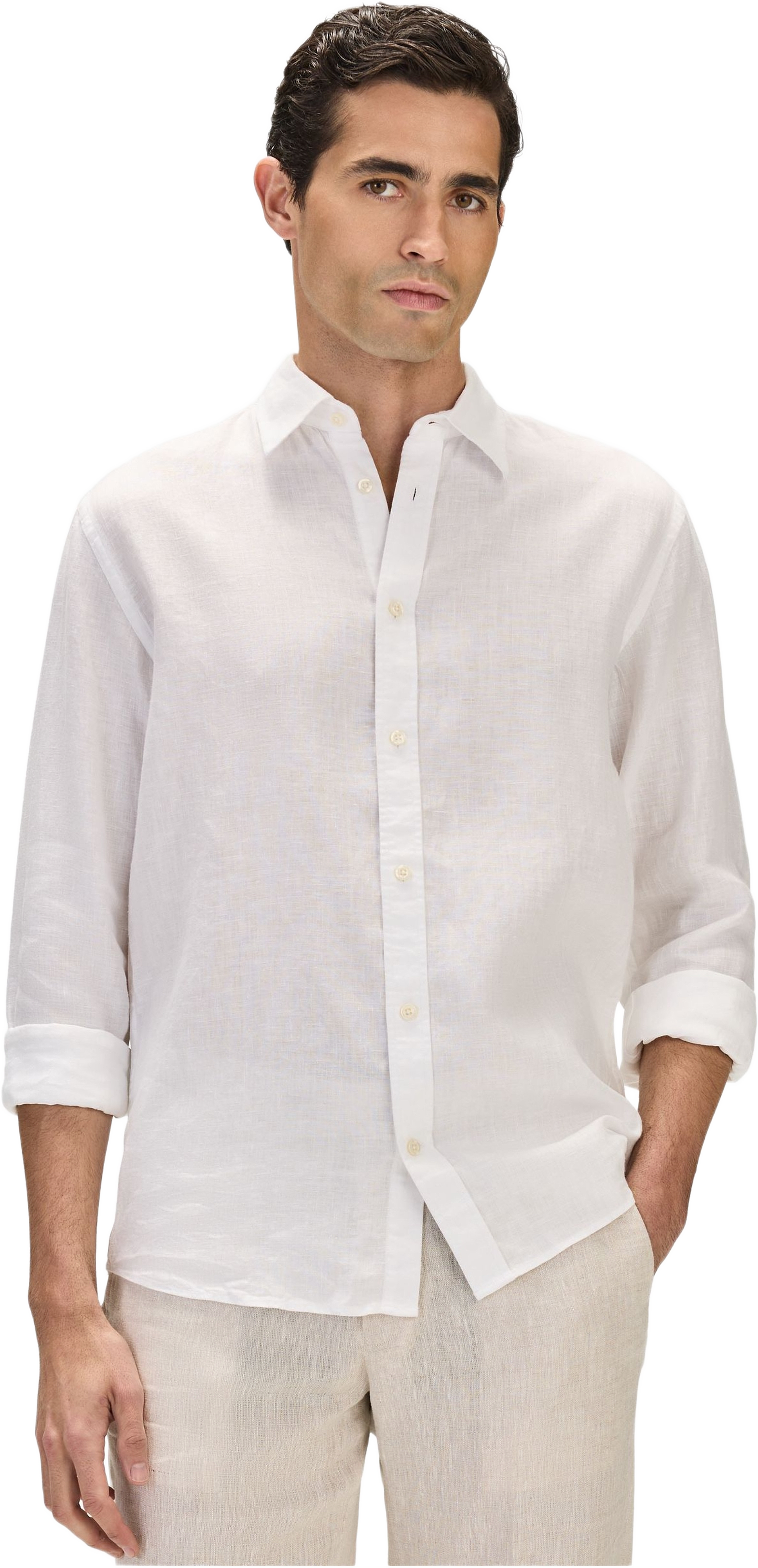 Casual Linen Shirt Solid Pointed Collar, från John Henric, i färgen white.