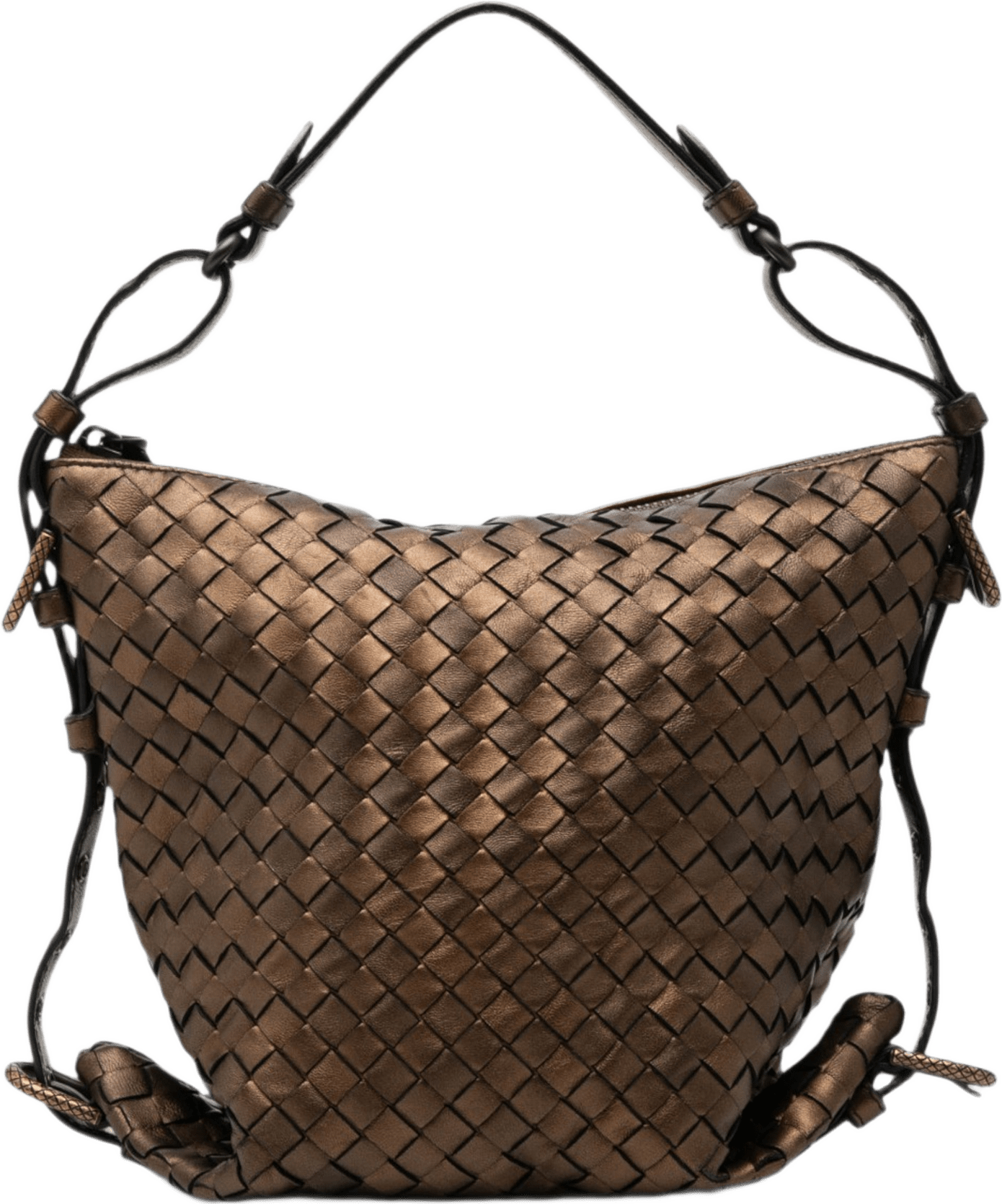 Bottega Veneta Metallic Nappa Intrecciato Belted Loop Handbag, från Luxclusif, i färgen brun.