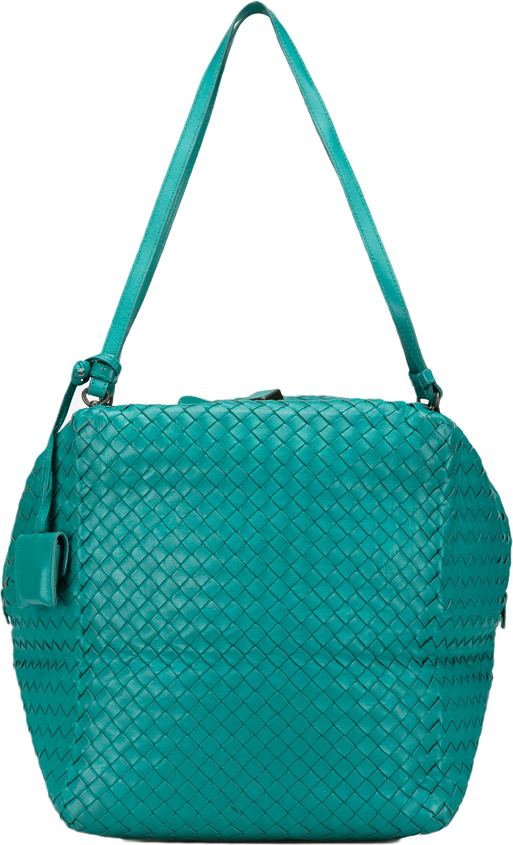 Bottega Veneta Nappa Intrecciato Cube Shoulder Bag, från Luxclusif, i färgen turquoise.